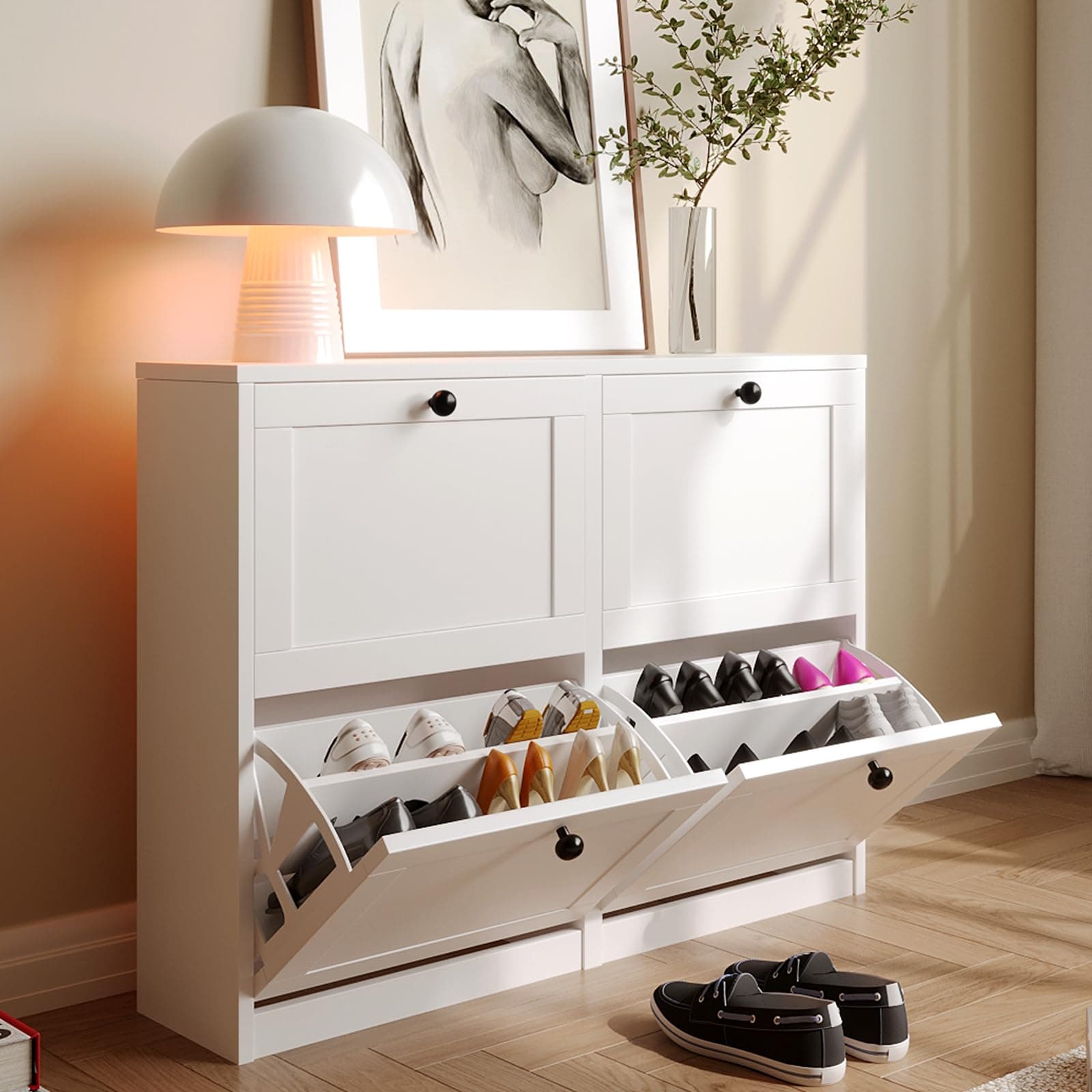 VOWNER Zapatero 4 Puertas, Zapatero Entrada Recibidor, 105 x 24 x 80 cm (Largo x Ancho x Alto), Madera, para Entrada Estrecha, Pasillo (Blanco)