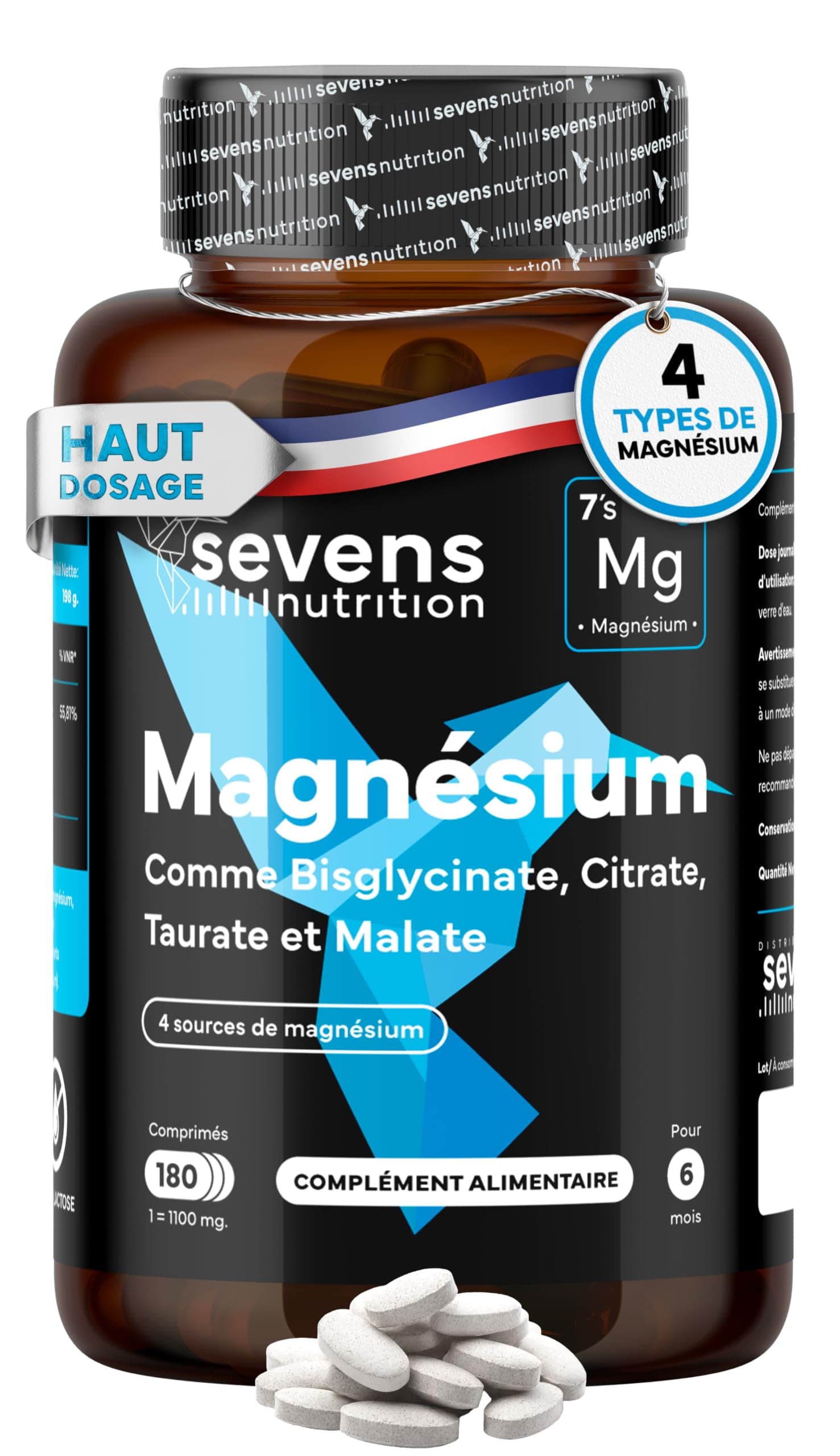 Magnésium Bisglycinate + Citrate, Malate et Taurate – Complexe de Magnésium 4 en 1 (418 mg) – 180 Comprimés (6 Mois) – Haute Biodisponibilité – Fatigue, Stress, Énergie – Sevens