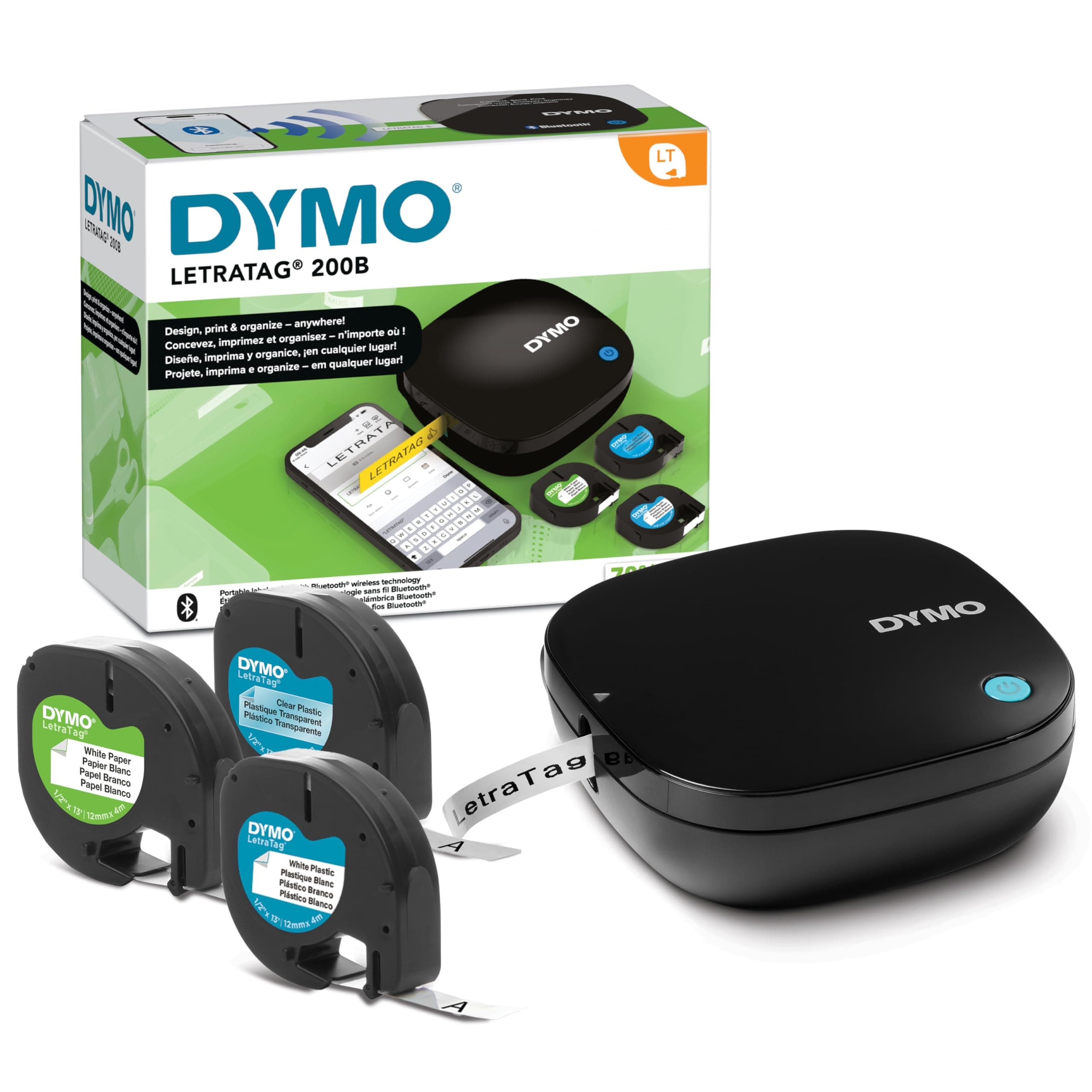 DYMO Etiquetadora LetraTag 200B Bluetooth | Impresora de etiquetas compacta | Se conecta mediante tecnología inalámbrica Bluetooth a iOS y Android | Incluye 3 cintas de etiquetas