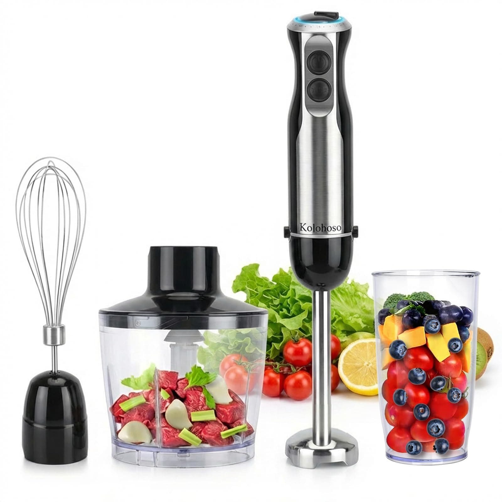 kolohoso 1500W Batidora de Mano, 4 in 1 Minipimer, 20 Velocidades Batidora Picadora, 4 Hojas de Acero Inoxidable, Protección Antisalpicaduras incluye Vaso Medidor, Batidor de Huevos, Picadora, sin BPA