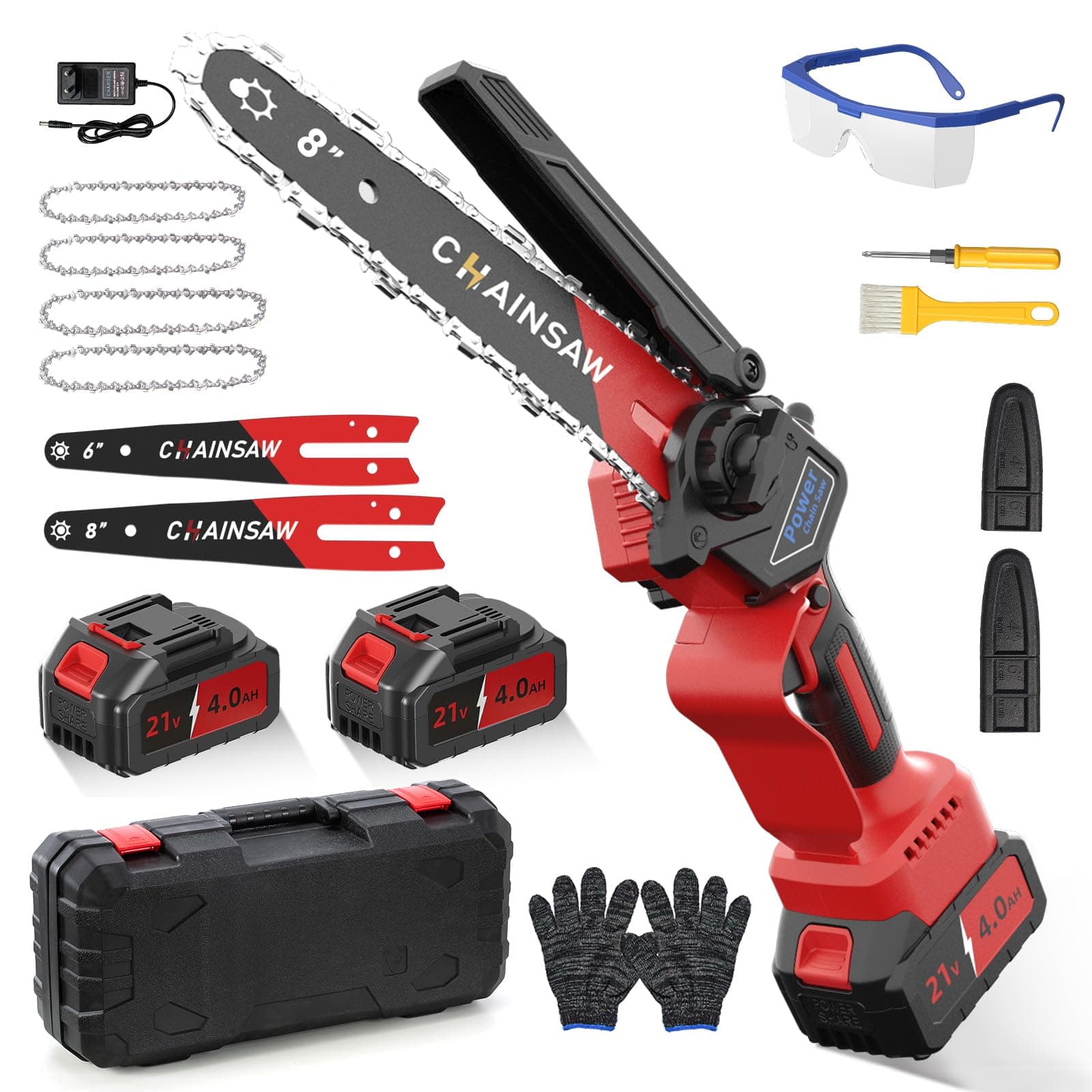 Mini Tronçonneuse à Batterie 6 et 8 Pouces, 1300W Brushless Tronconneuse Electrique Sans Fil pour Jardin, 8000mAh Tronçonneuse Elagueuse sur Batterie, D'huile Automatique, Compatible avec Makita 18V