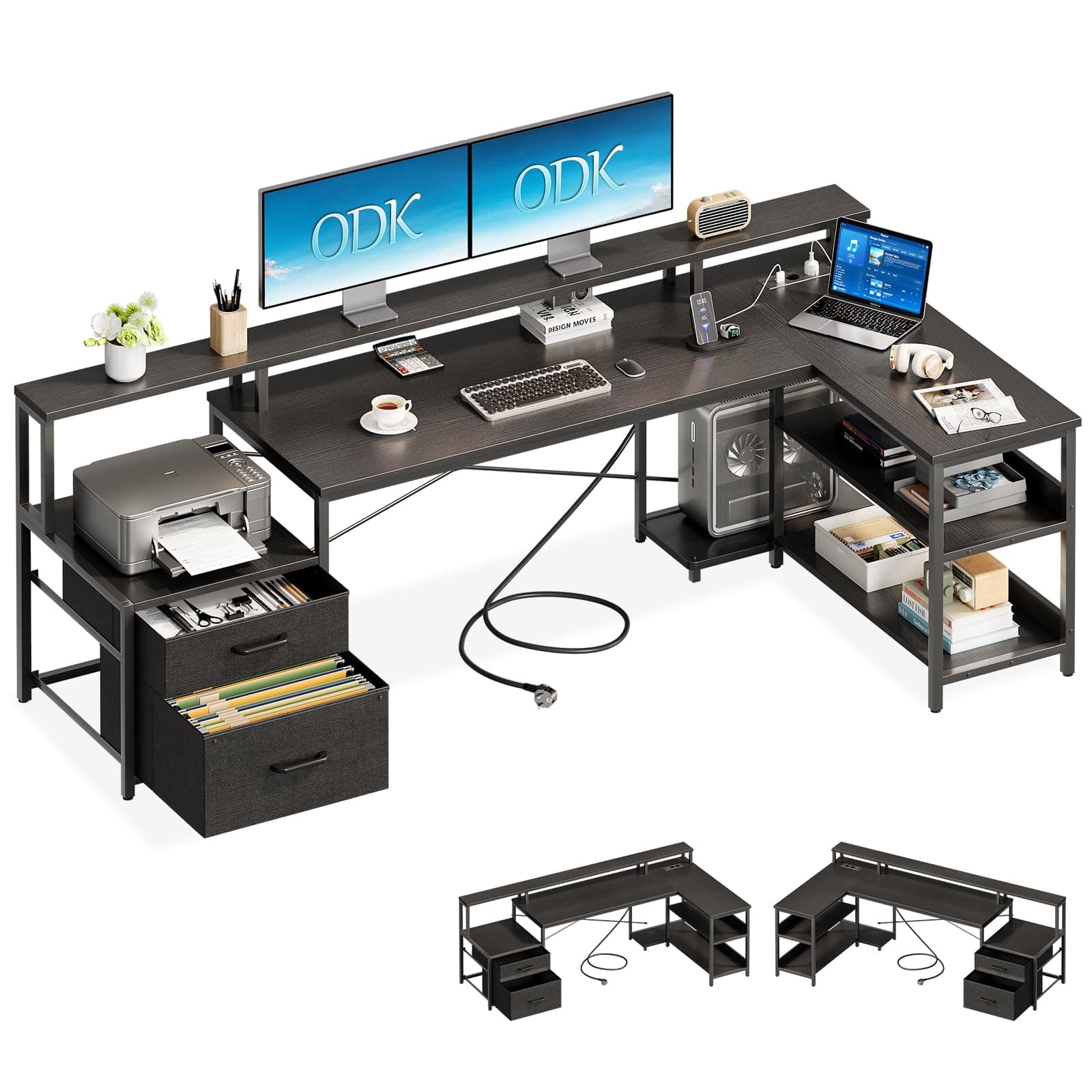 ODK Escritorio con Cajones, 189.3×100cm Escritorio Esquinero Reversible Grande con Estanteria, Escritorio en L con Puerto USB y Toma de Corriente para la Oficina en Casa, Negro