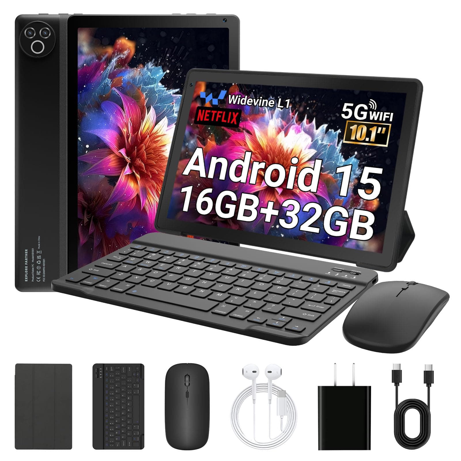 Laptok Tablette 10 Pouces, Android 15 Tablette avec 32 Go ROM+1 to TF, 5000 mAh, WiFi 6, Bluetooth 5.4, Widevine L1, Tablette Tactile avec Clavier et Souris, Noir