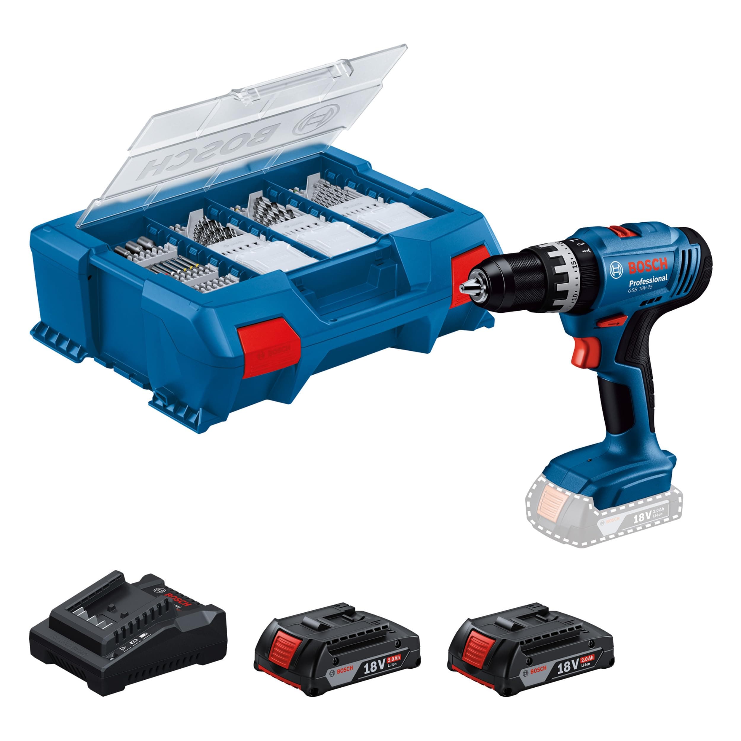 Bosch Professional 18V System Akku Schlagbohrschrauber GSB 18V-25 (max. Schrauben-Ø: 10 mm, inkl. 2x GBA 2.0 Ah, GAL 18V-20, 63-tlg. Zubehör-Set, L-Case Pick & Click)