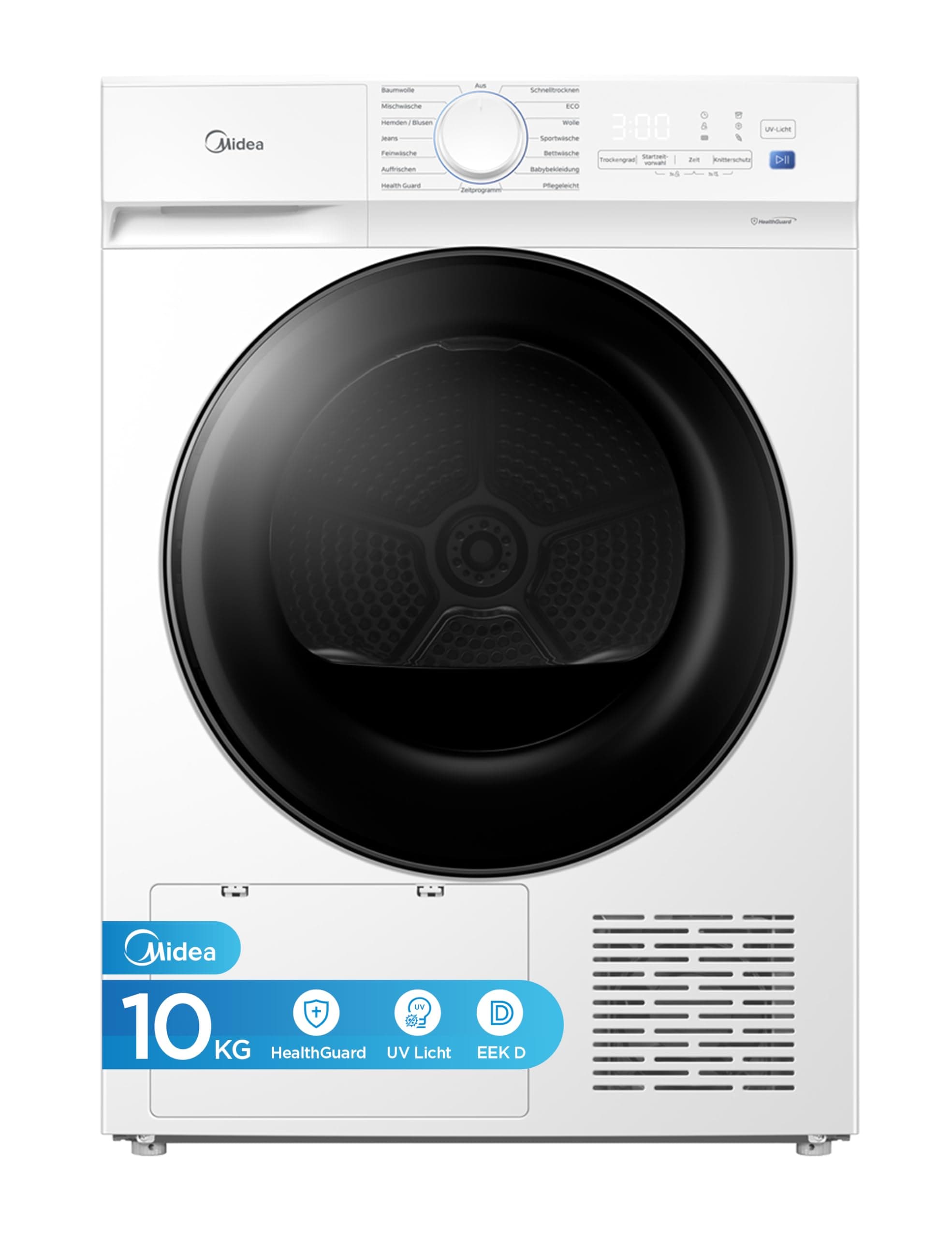 Midea Wärmepumpentrockner V3 series, 10 kg, Energieklasse D mit Wärmepumpentechnologie, UV-Licht für hygienische Reinheit, Knitterschutz, LED-Display, Startzeitvorwahl,Schnelltrocknen,MDV3EH100D,Weiß