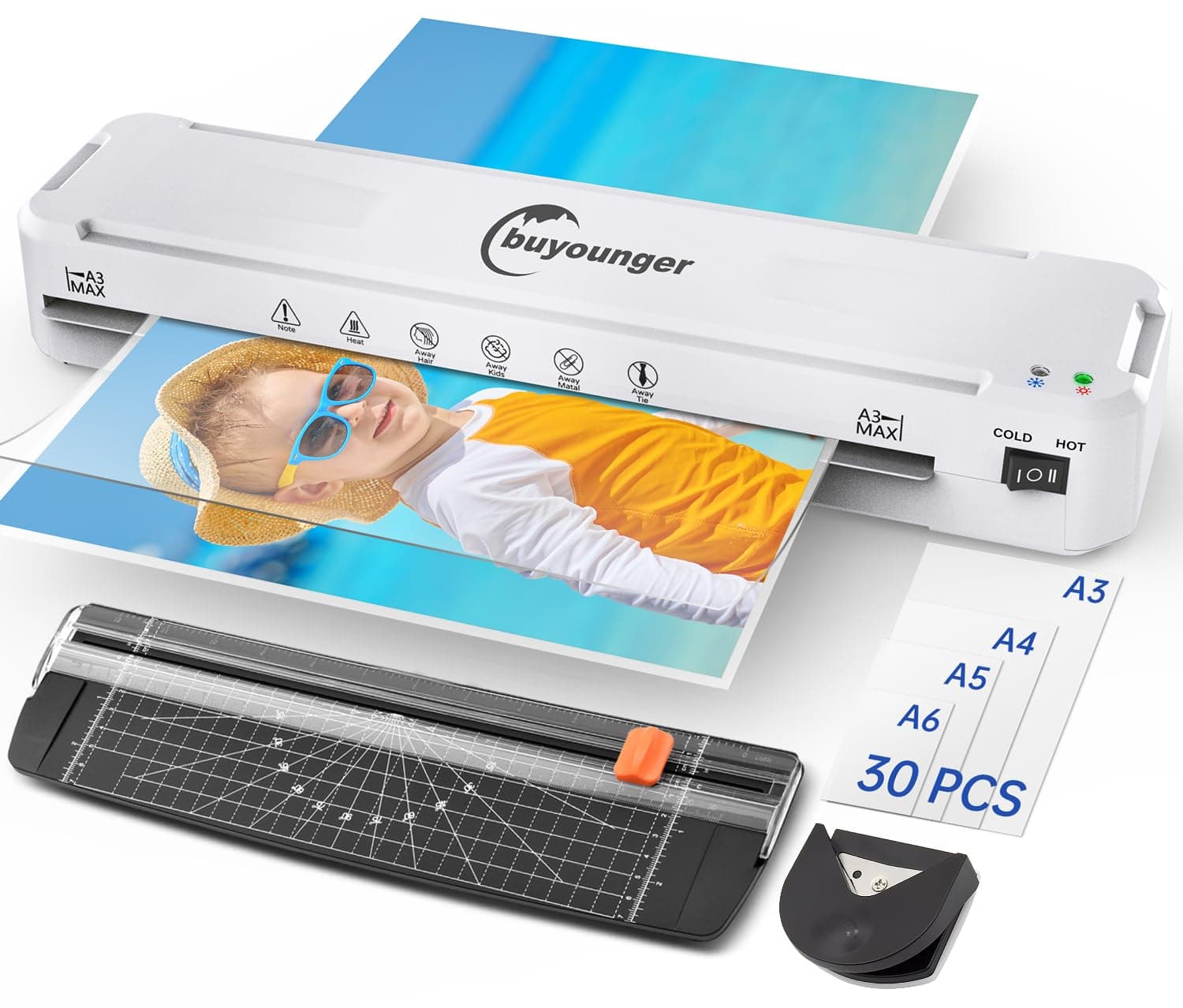 Buyounger Plastificadora A3, 6 en 1 con Guillotina, Maquina Plastificadora A3/A4/A5/A6, 30 Bolsas, Laminado en Frío y Caliente, para La Escuela, La Oficina y el Hogar