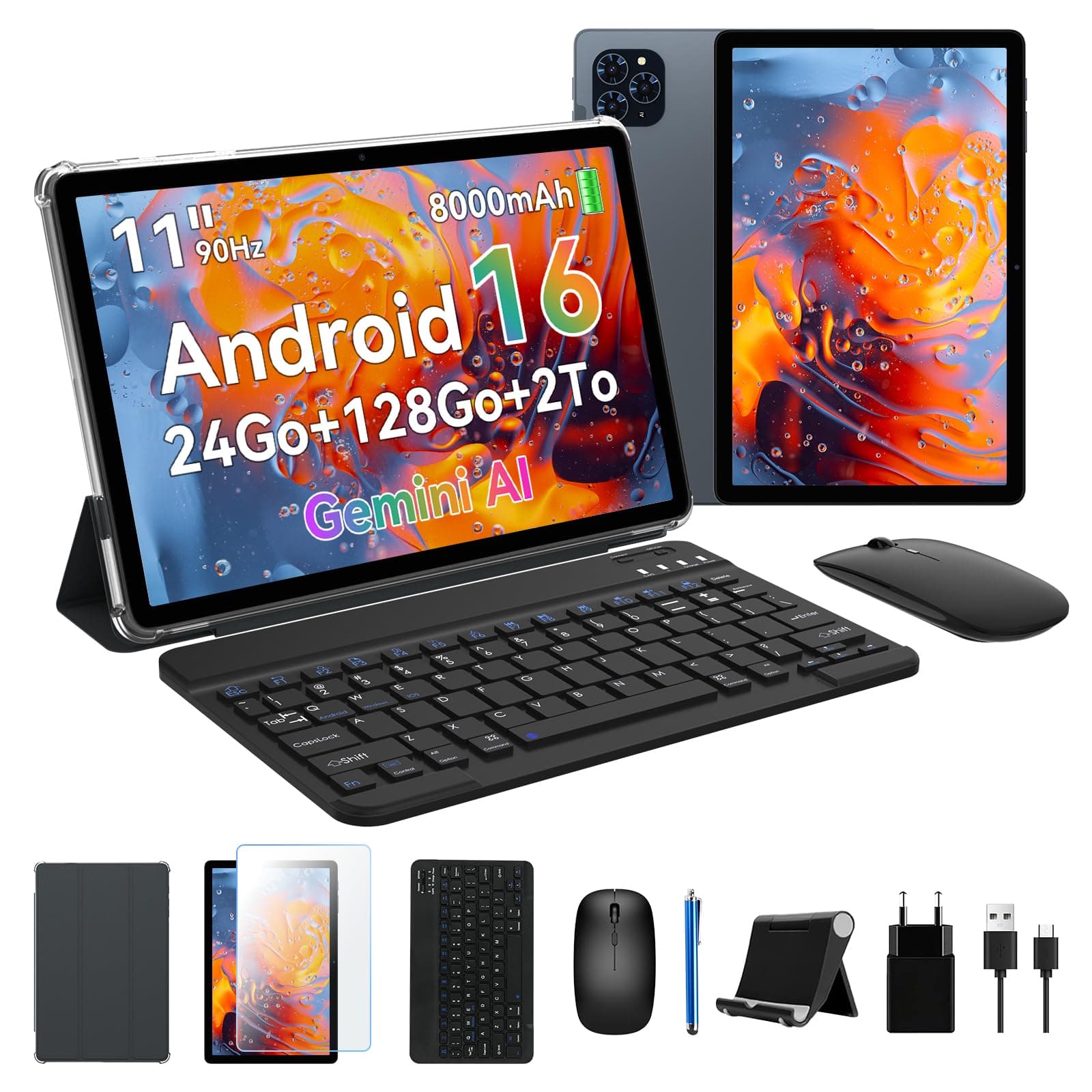KINGRID T90 Tablette Android 16, Tablette Tactile 11 Pouces FHD (Widevine L1), 24Go RAM 128Go ROM (2To TF), Tablette avec Clavier Souris et Stylet, PC 2 en 1, Gemini AI, Batterie 8000mAh - Gris