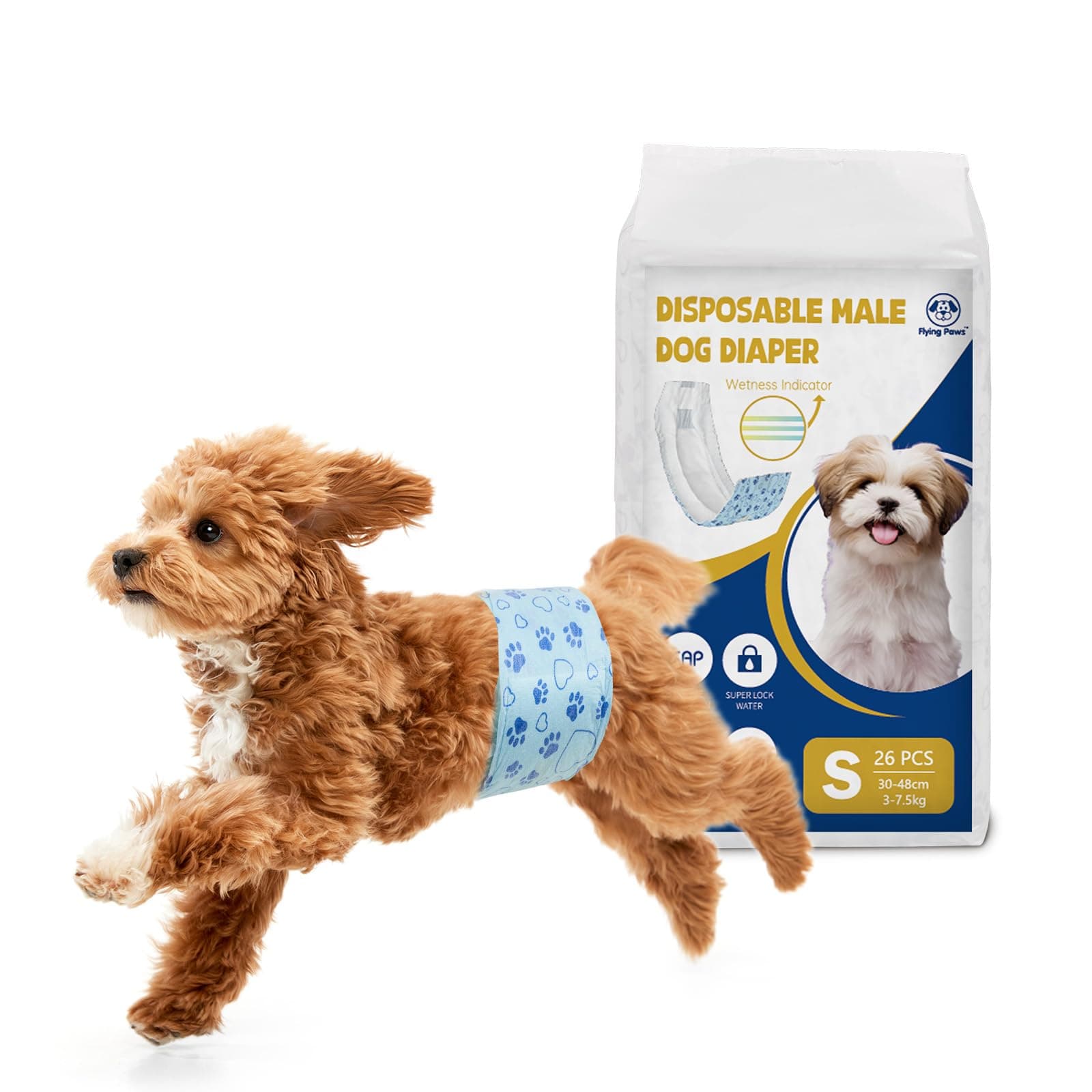 Flying Paws Pannolini per Cani, S-26 Pezzi Assorbenti con Indicatore di Umido, Protezione Antifughe, Ideale per Incontinenza, Viaggi e Addestramento