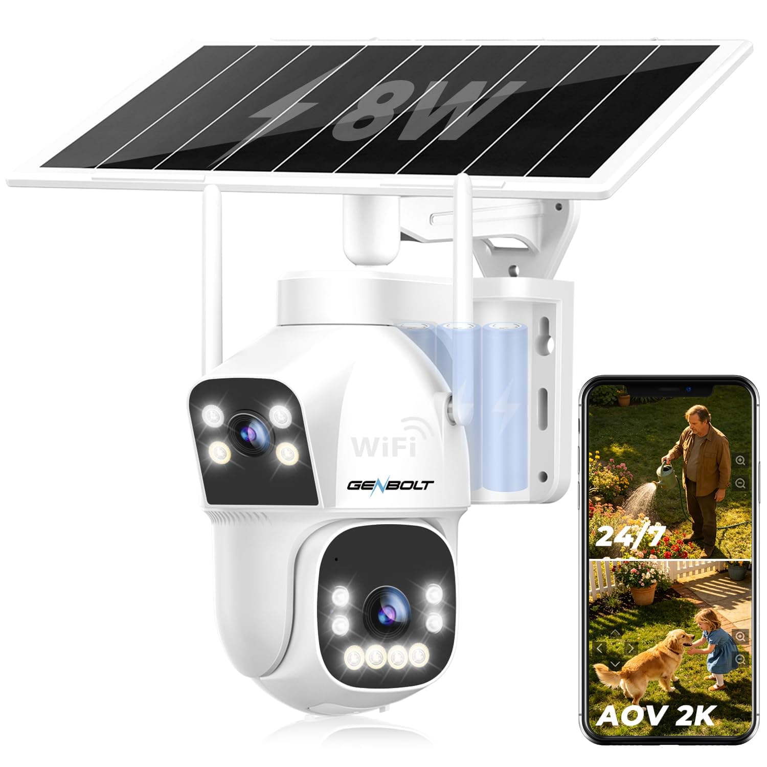 GENBOLT 2.5K AOV Solaire WiFi Caméra De Surveillance Extérieur sans Fil, Enregistrement 24/7 3MP+3MP IP Caméra Surveillance Batterie avec détection IA 90FT,8W 15600mAh Caméra CCTV Double WiFi 2.4&5GHz