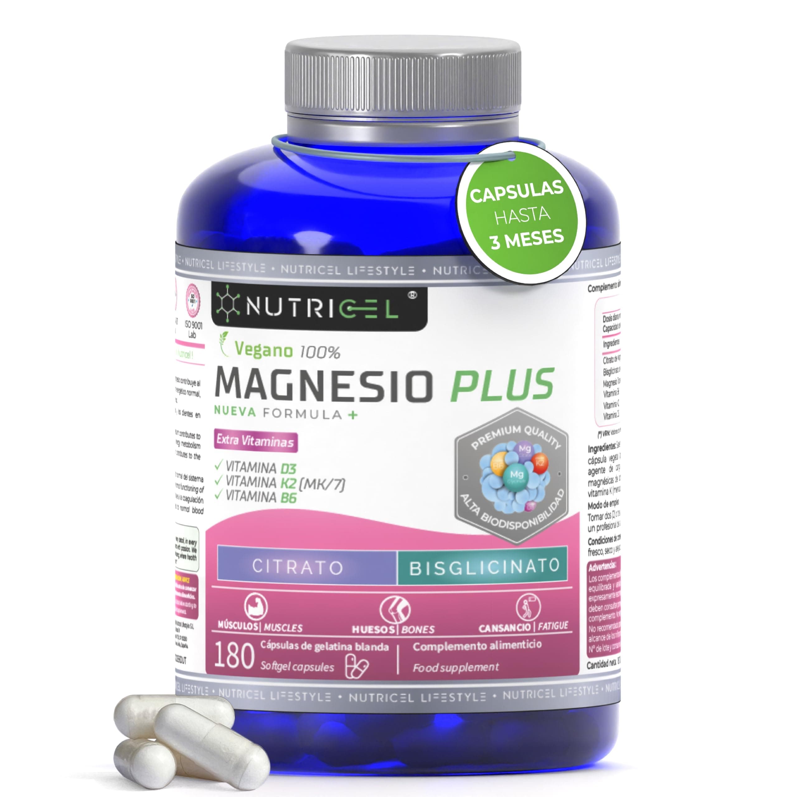 Citrato de magnesio 1051mg + bisglicinato de magnesio 400mg - Reduce Cansancio y Fatiga, Alivia Dolor Articulaciones y Músculos, Alta Biodisponibilidad | 180 Cápsulas