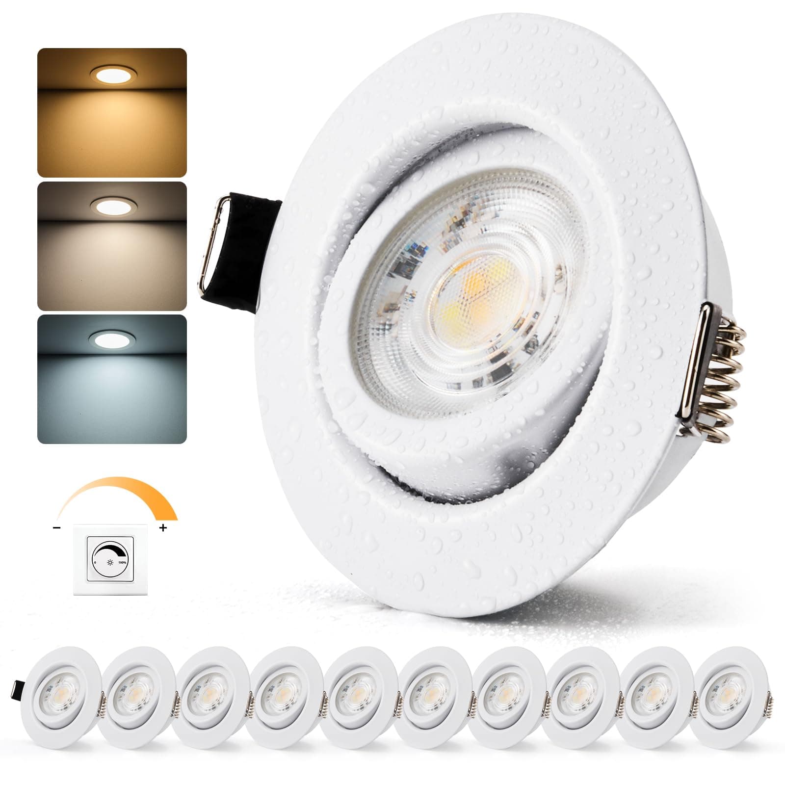 Bojim Spot LED Encastrable Dimmable 230V, Salle de Bain IP44, Trou 68mm, Blanc Chaud/Neutre/Froid, 7W Spots de Plafond pour Cuisine Salon, Lot de 10