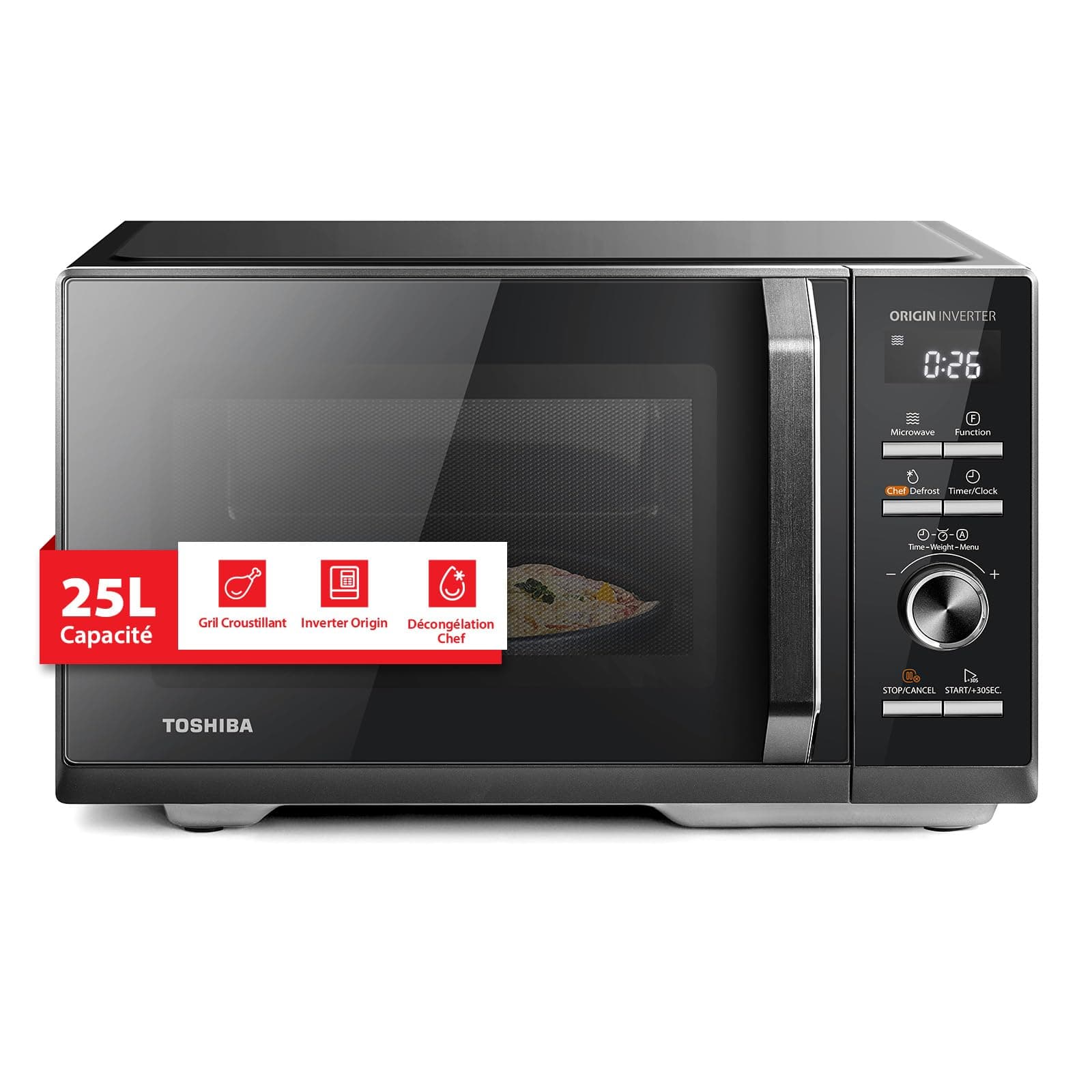 Toshiba Inverter Origin, MW3-AG25PFI(BK), Four Micro-ondes Combiné avec Gril 25L 900W, 3-en-1, 7 Menus Automatiques, Cussion Rapide, Grande Capacité, Décongélation Chef