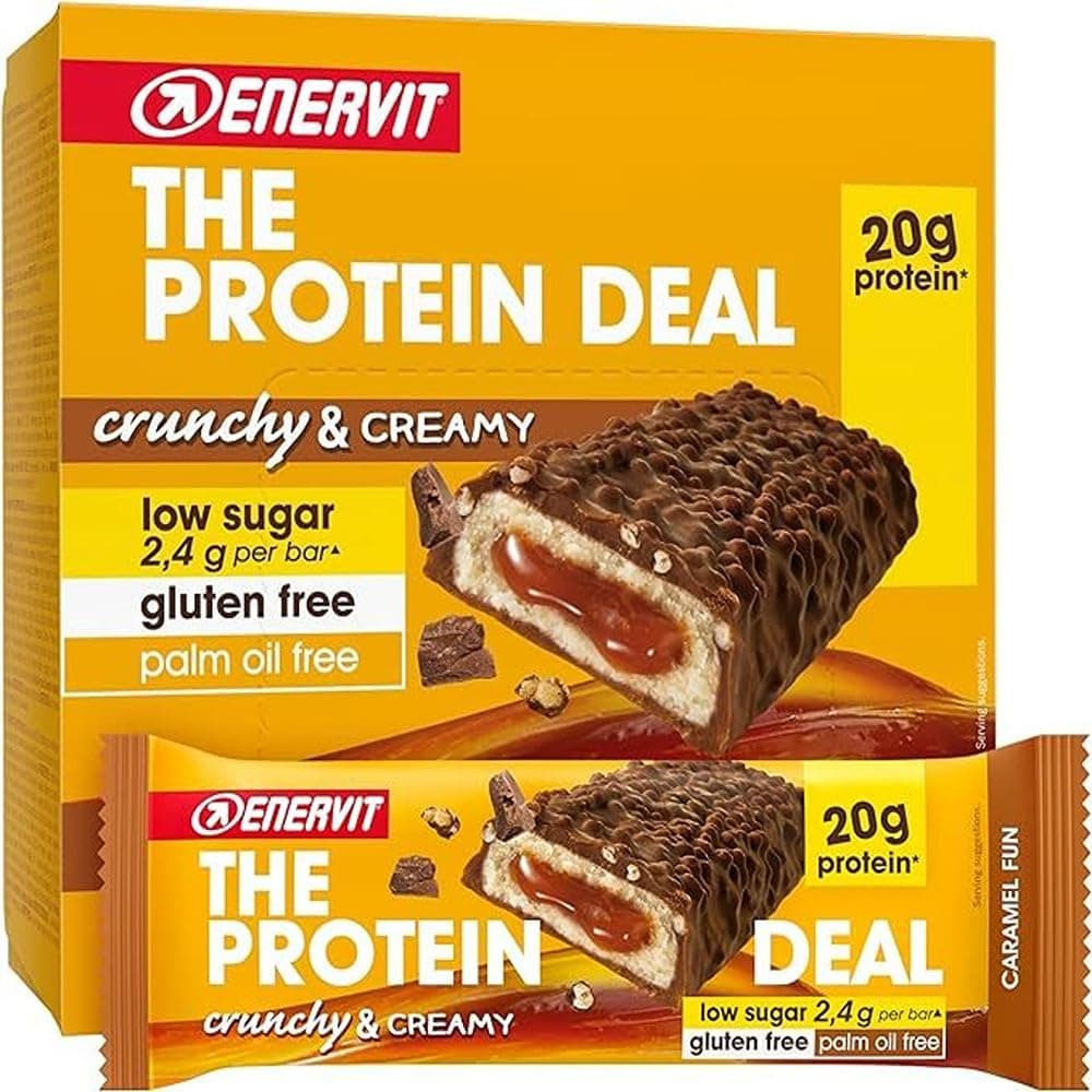 Enervit The Protein Deal Caramel Fun, Barritas Proteicas, Sabor Chocolate con Leche, Relleno Suave de Caramelo, Snack Delicioso, 20g de Proteínas, 2,4g de Azúcares, Sin Gluten, 12 Barritas de 55g