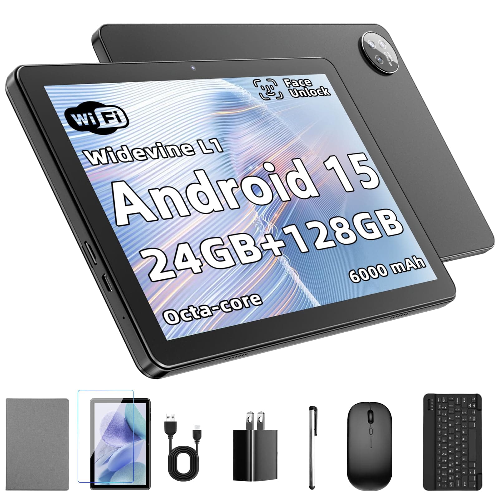 Tableta Android de 15,10 pulgadas: 24 GB de RAM + 128 GB de ROM (hasta 1 TB), procesador Octa-Core, pantalla IPS HD 1280x800, cámaras de 5 MP + 8 MP, batería de 6000 mAh, teclado, ratón, Widevine