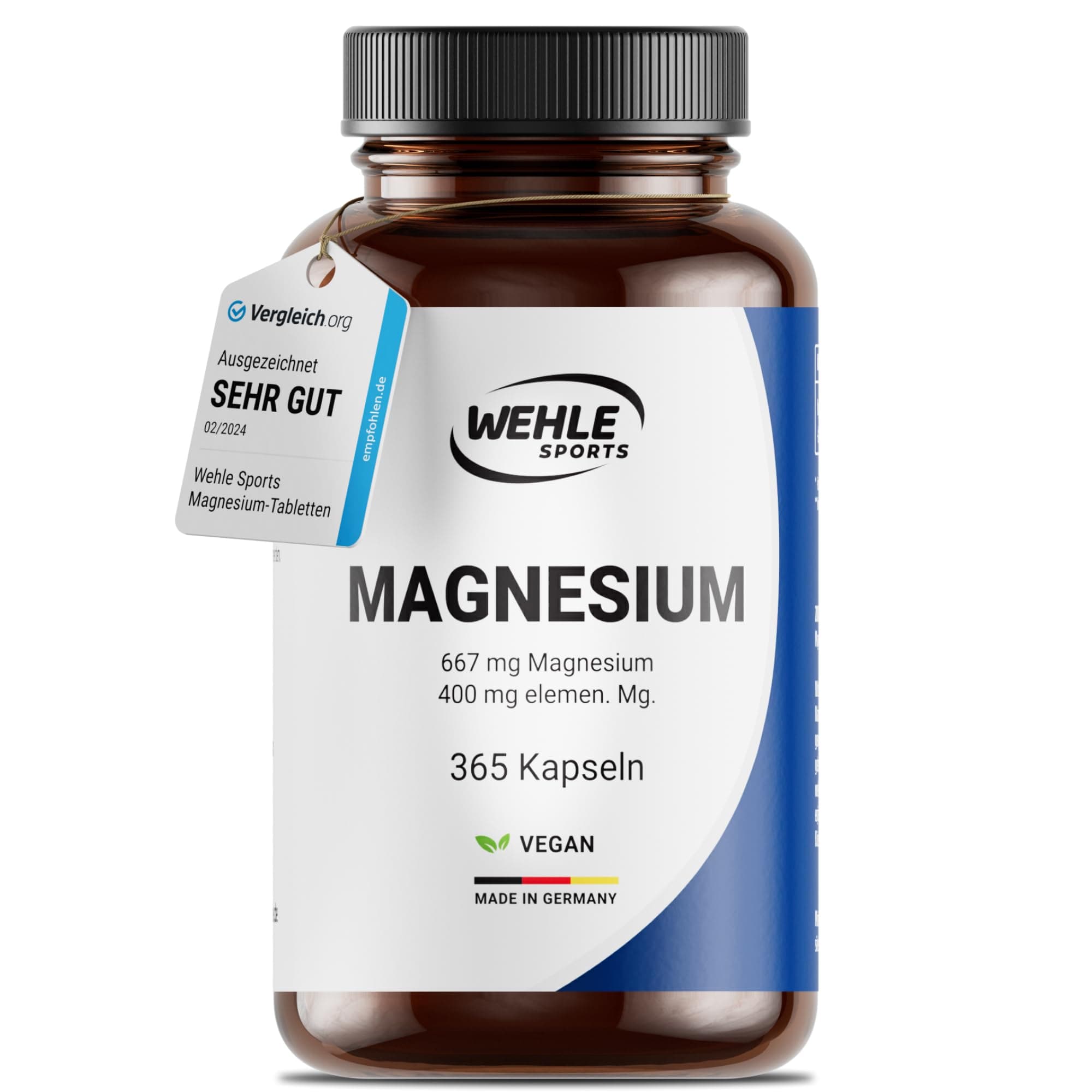 Magnesium 400mg Kapseln hochdosiert - 365 Stück (1 Jahr) 667mg je Kapsel, davon 400mg elementares Magnesium I Vegan - Wehle Sports - Verpackung kann variieren