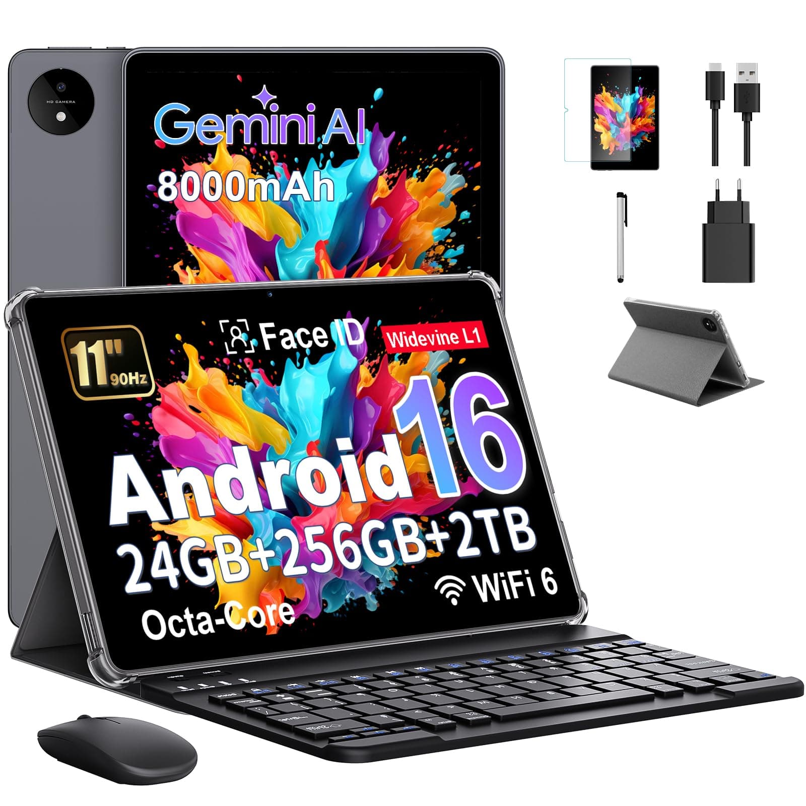 Tablet 11 Pulgadas en Gemini AI, Tableta Android 16 en Funda, Ratón & Teclado, Octa-Core, 24 GB RAM + 256 GB ROM + 2 TB TF, 1920x1200 Pantalla HD, 90 Hz, Cámara Doble 8MP + 13MP, 8000 mAh, Gris