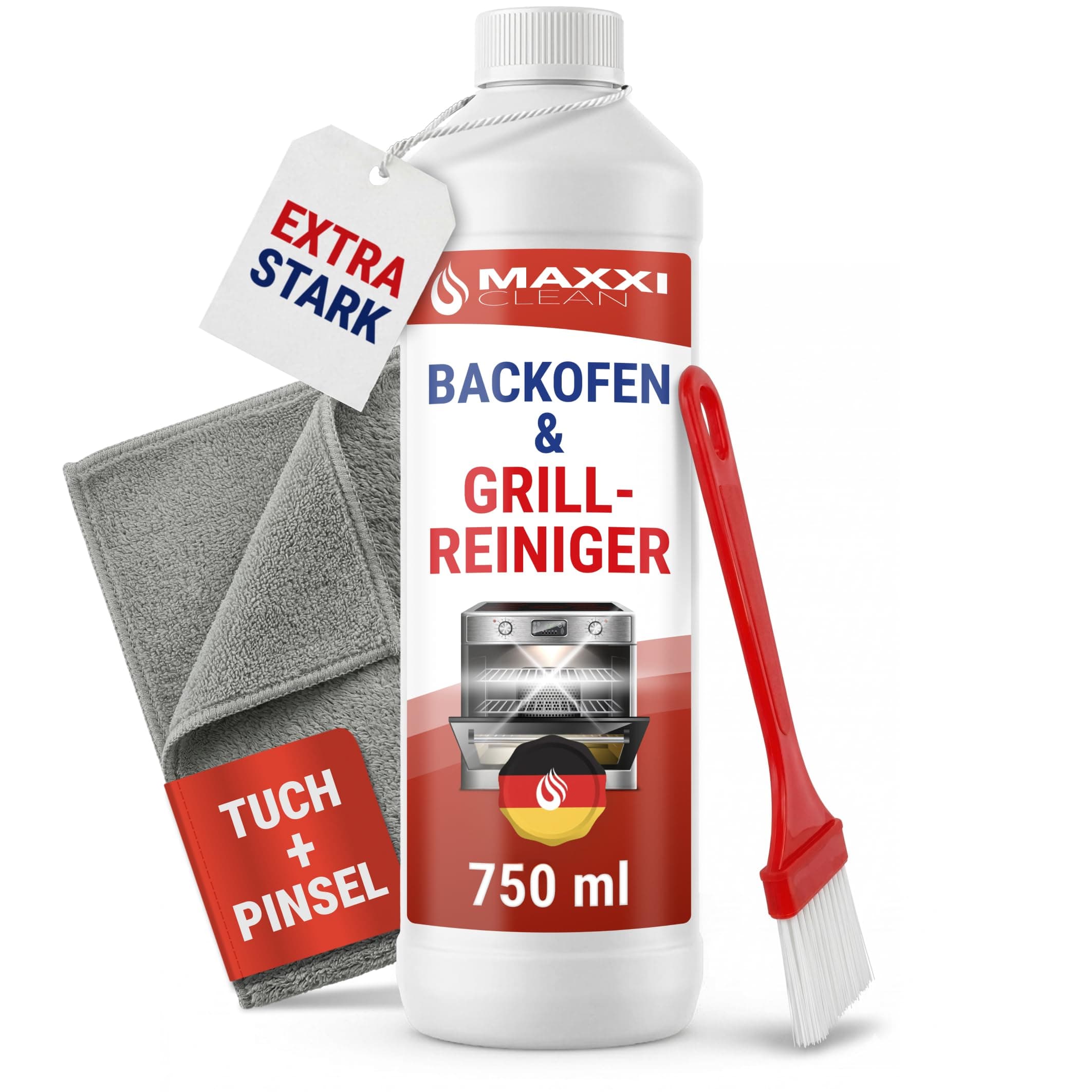 Maxxi Clean 1 x 750 ml + Pinsel + Microfasertuch I Backofen und Grillreiniger Gel Paste I extrastarker Fettlöser I entfernt Verkrustungen ohne Schrubben I Backofen Herdplatte Grill I Made in Germany