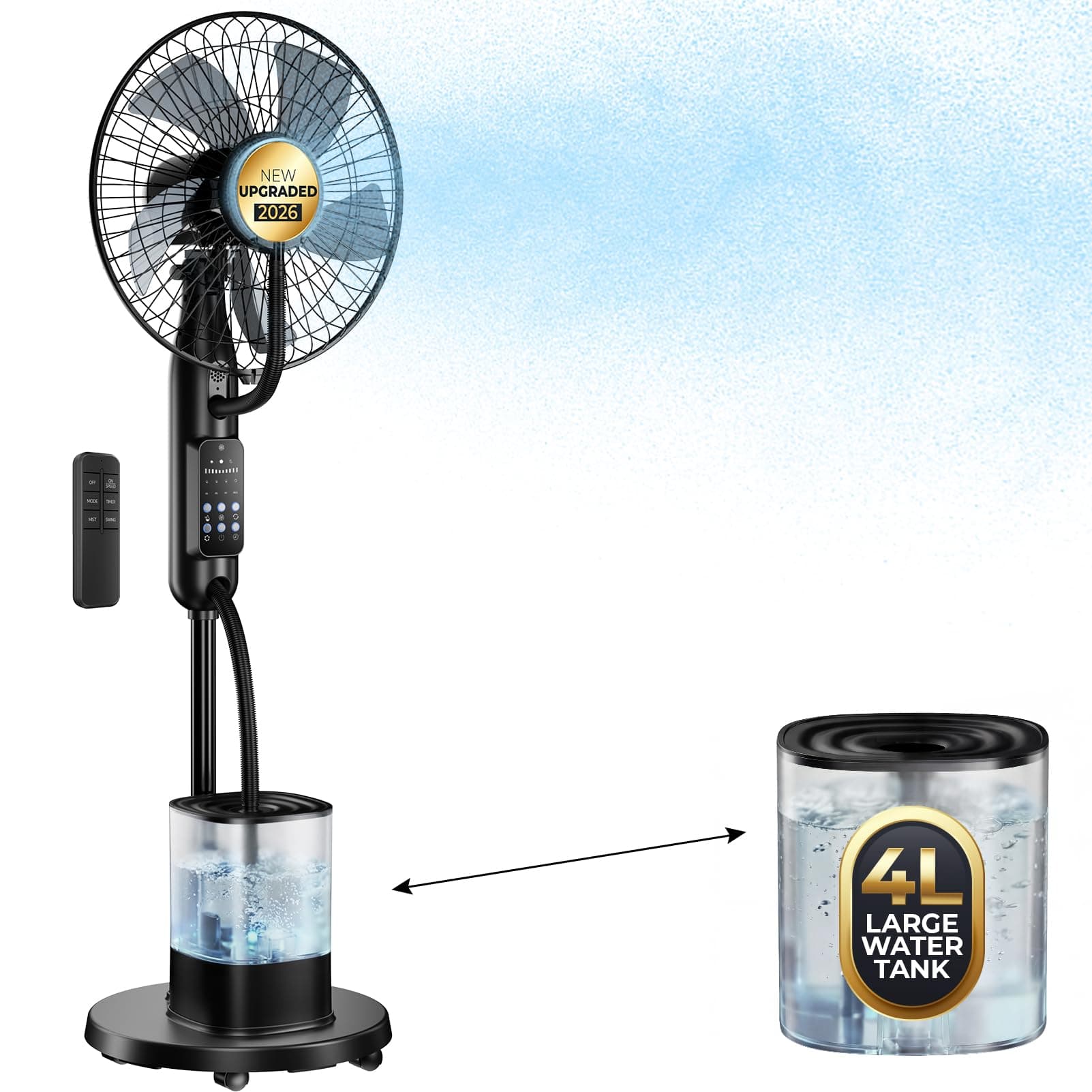 NebulaFlow Standventilator mit Wasserkühlung, 2026 Upgrade 4L Wassertank Sprühnebel Ventilator, 7,5H Timer, 5 Geschw&3 Modi, Bodenventilator mit Fernbedienung,für Zuhause, Schlafzimmer, Büro, Terrasse