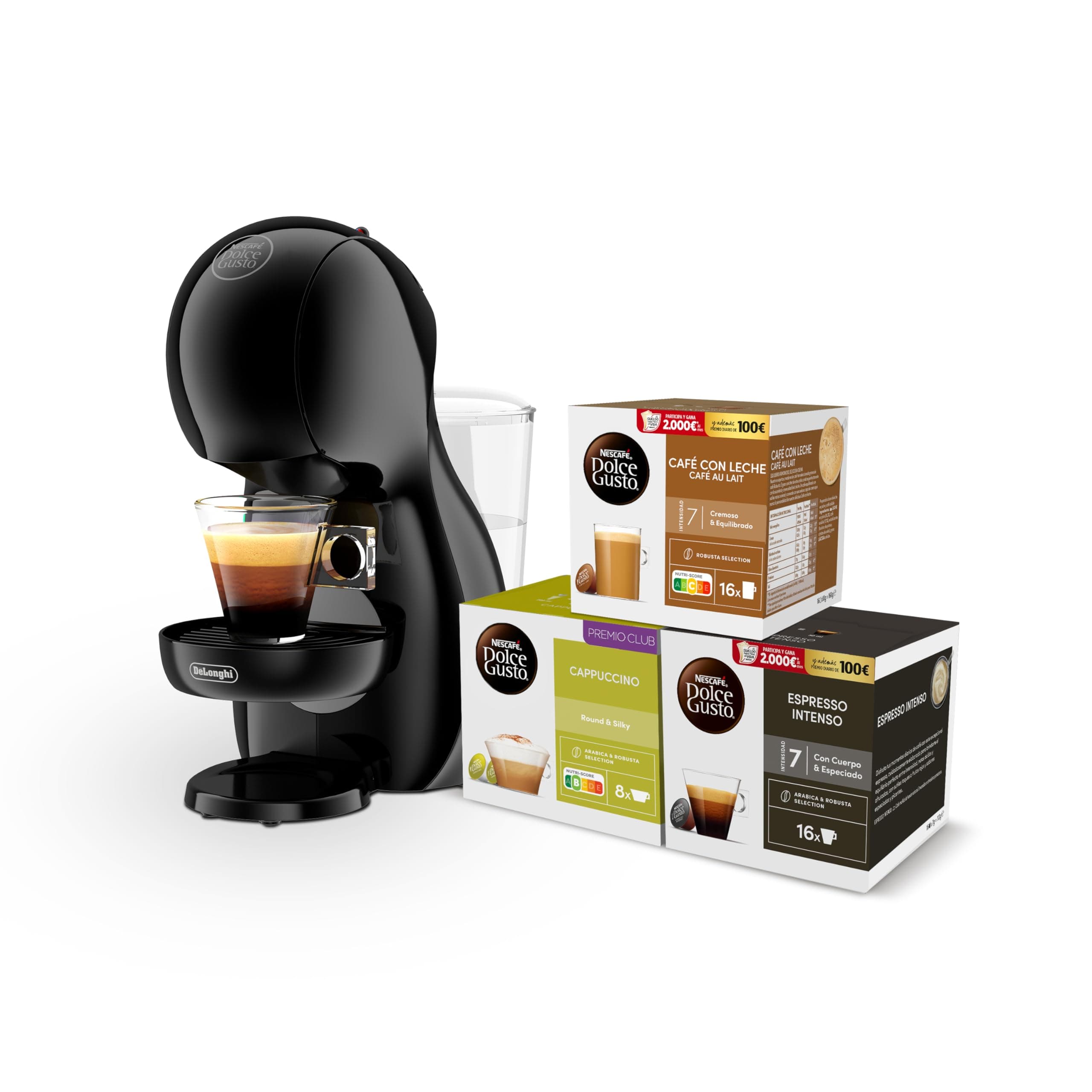 De'Longhi Nescafé Dolce Gusto Piccolo XS - Cafetera de Cápsulas, 15 Bares de Presión, Diseño Compacto, Bebidas Calientes y Frías, Apagado Automático, con 3 Packs de Cápsulas, Grafito Negro (EDG210.A)