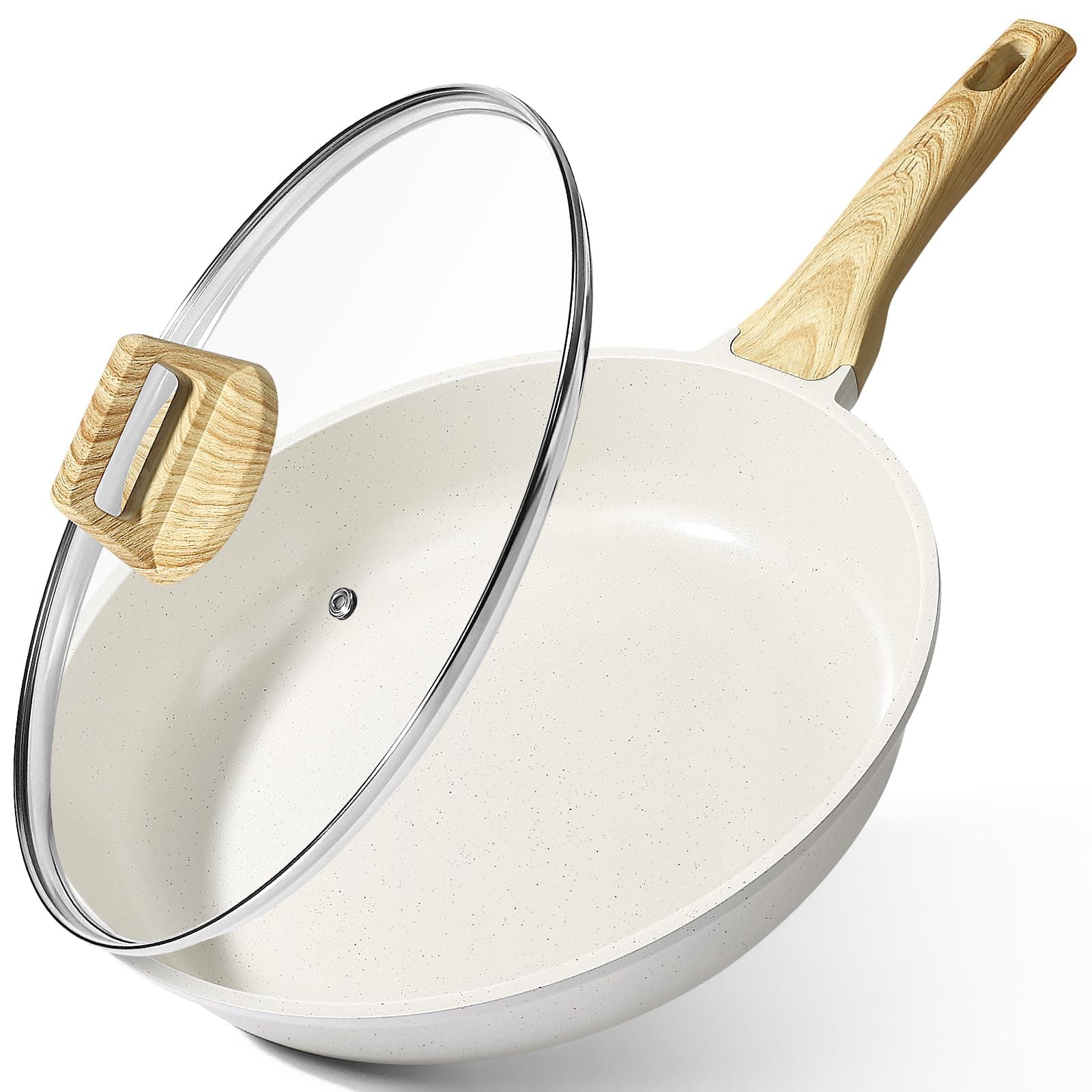 GiPP Poêle à Frire Avec couvercle Antiadhésive en Granit – Poêle Saine et Non Toxique, Compatible Induction, Sans PFAS ni PFOA, Passe au Lave-Vaisselle, Manche Reste Froid(Blanc,26cm+Couvercle)