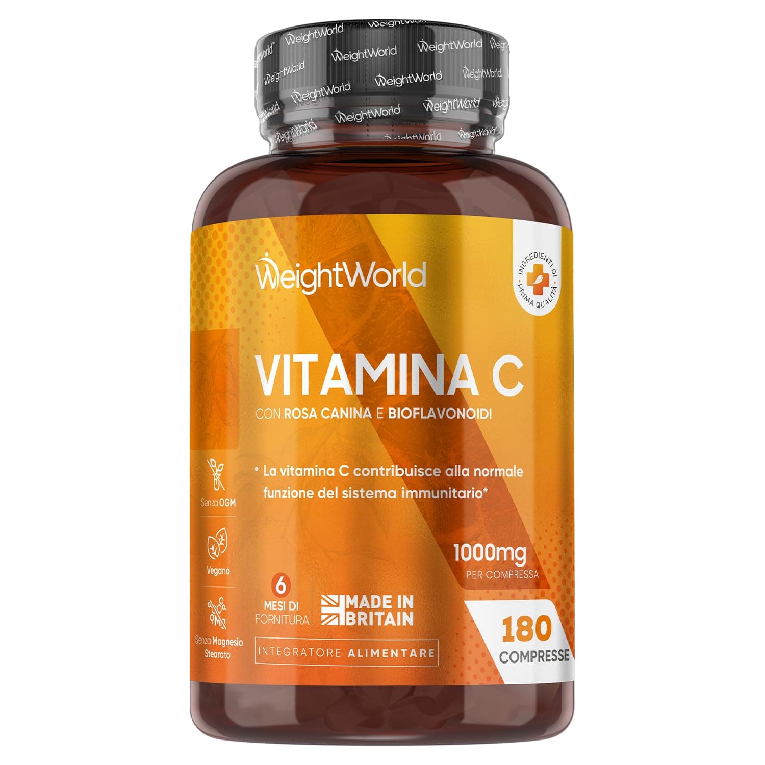 Vitamina C 1000mg Vegana con Rosa Canina, 180 Compresse per 6 Mesi (1 Sola al Giorno), Integratore Vitamina C (Acido Ascorbico) e Bioflavonoidi da Citrus Aurantium, Senza Magnesio Stearato e Glutine