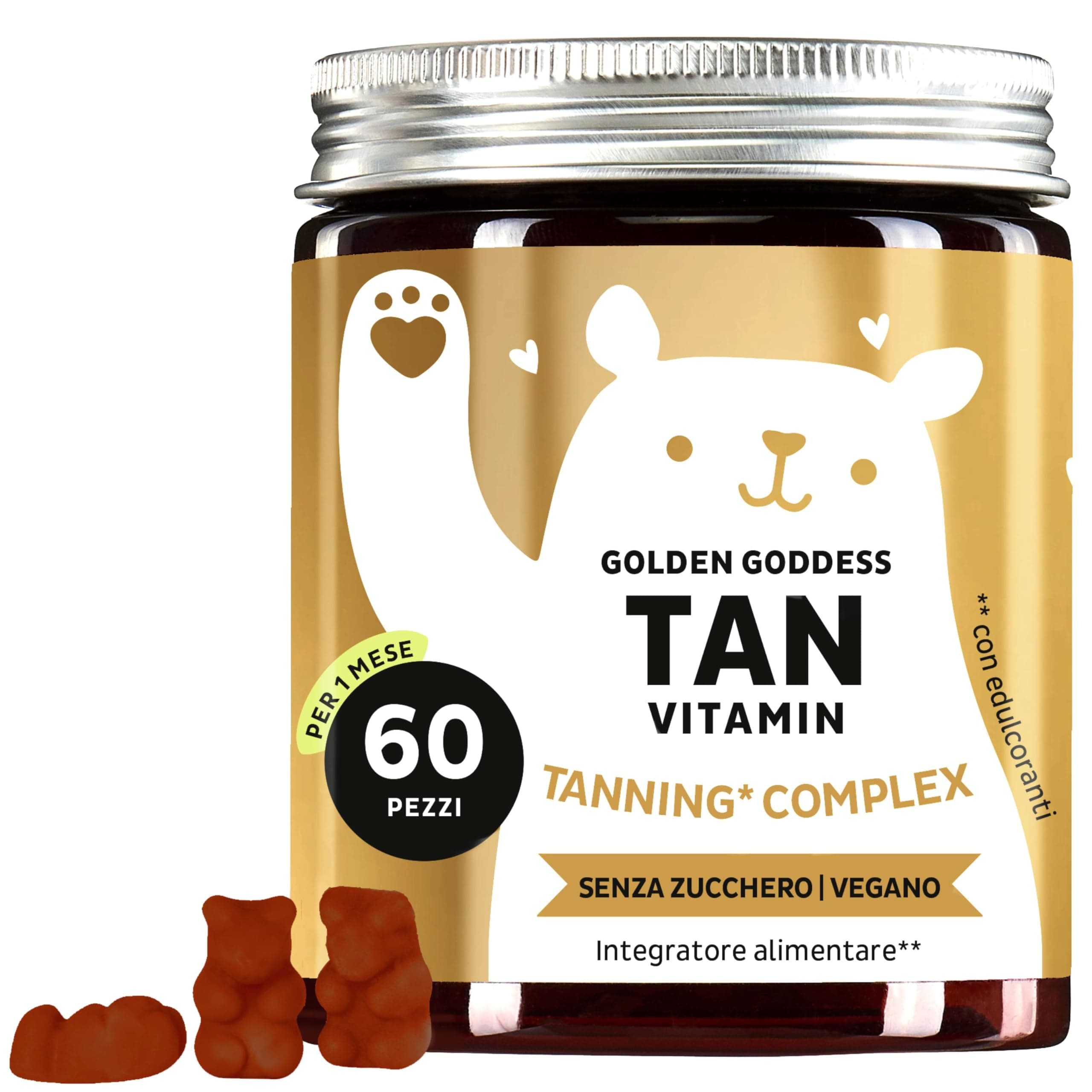 Caramelle Gommose Golden Goddess Tan Vitamin - Complesso Abbronzante - Vitamina C, E, Betacarotene, Calcio e Rame - 60 pezzi (1 mese) - Senza Zucchero, Vegano - Bears with Benefits