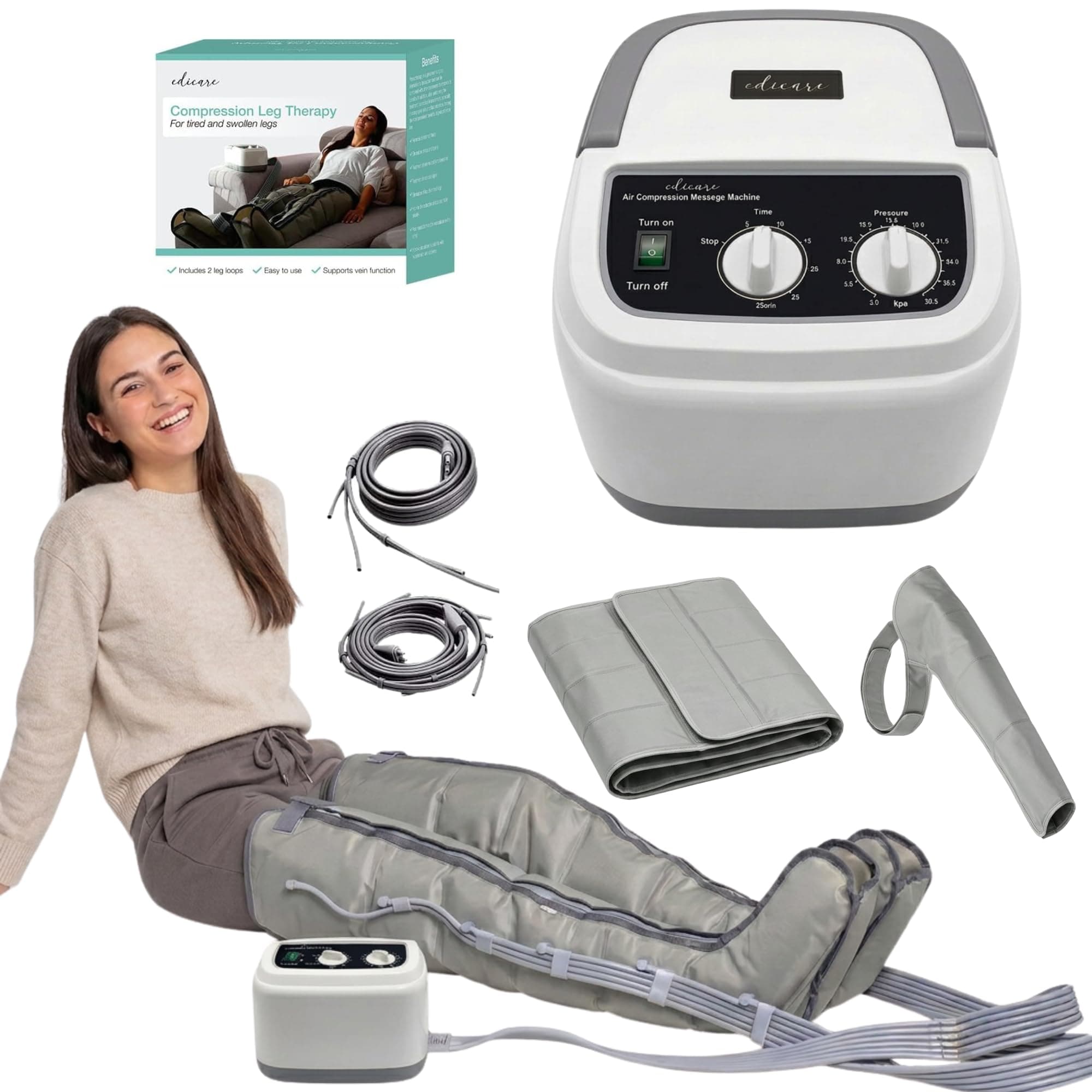Edicare, Bottes Pressothérapie, Drainage Lymphatique, Appareil de Massage, Equipe Complète, Massage et Relaxation, Facile à Utiliser, Eficacité Professionnelle (Dispositif, jambes, ceinture et bras)