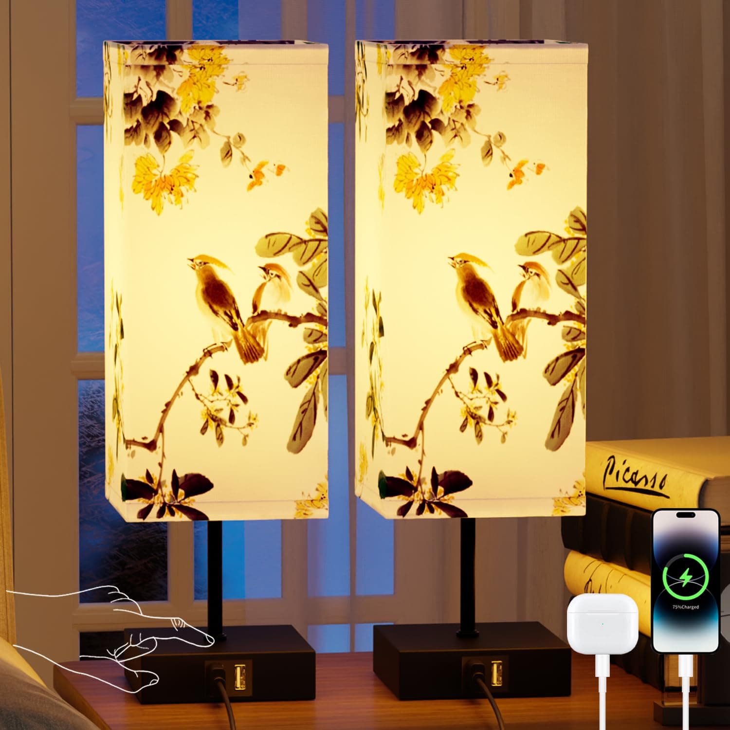 Yeeklab 2 Piezas Lamparas de Mesita de Noche Con 2 Puertos De Carga USB, Regulable Lampara de Noche Con 3 Temperaturas, Cubierta de Lámpara Bird, Lampara de Mesa para Dormitorio, Sala, Oficina