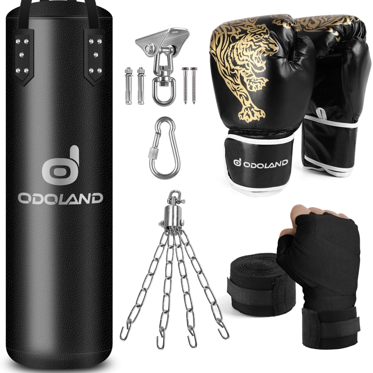 Odoland Kit de Sacos de Boxeo 6-en-1 Sin Relleno para Hombres y Mujeres, 120 cm Bolsa Pesada de Kick Boxing Carga hasta 68 kg con Guantes de Boxeo de 12 oz, Vendajes y Cadenas, Negro