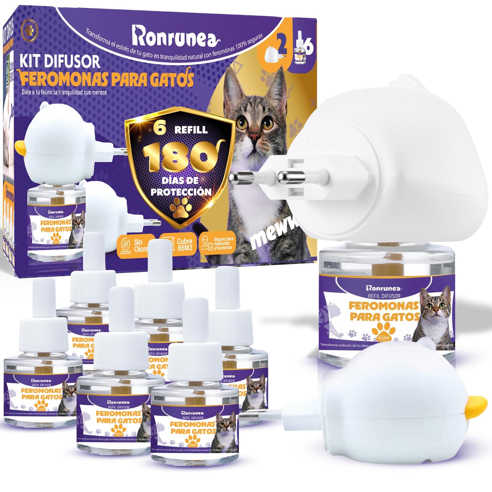 Novarka RONRUNEA® | MEGAPACK de 2 Difusores + 6 Recambios de 48ml (170 Días) de Feromonas para Gatos | Solución Natural de Ansiedad y Estres para Gato | Ideal para Hogares.