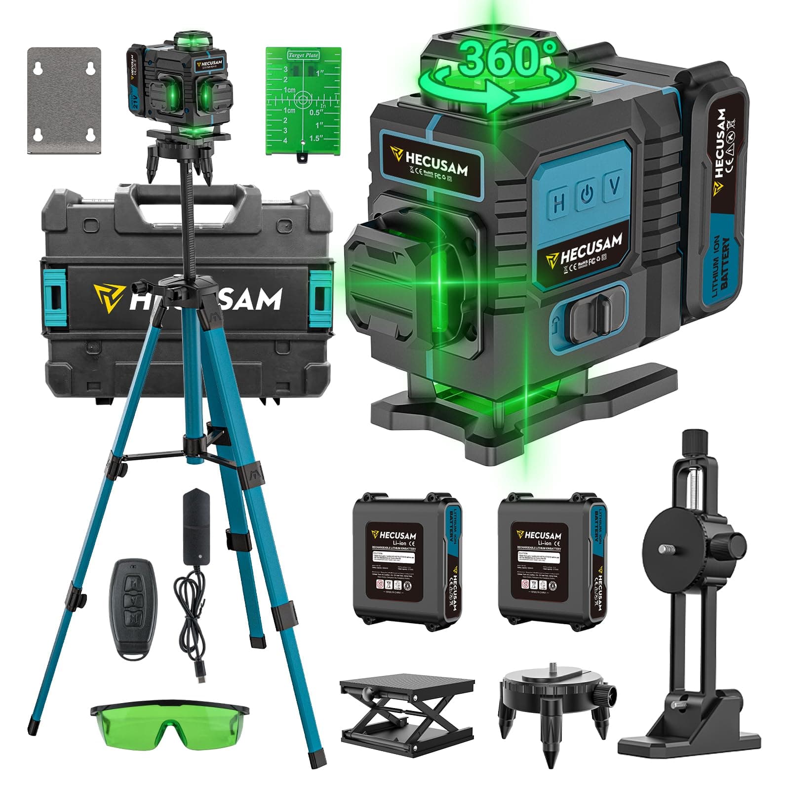 Nivel Laser Con Tripode, Nivel Laser Autonivelante 4 X 360 Grados, Laser Verde Sin Interrupciones Con Giratorio Ventana 360, BateríA 2×4800 mAh, Grado IP54 Para Construcción, Baldosas