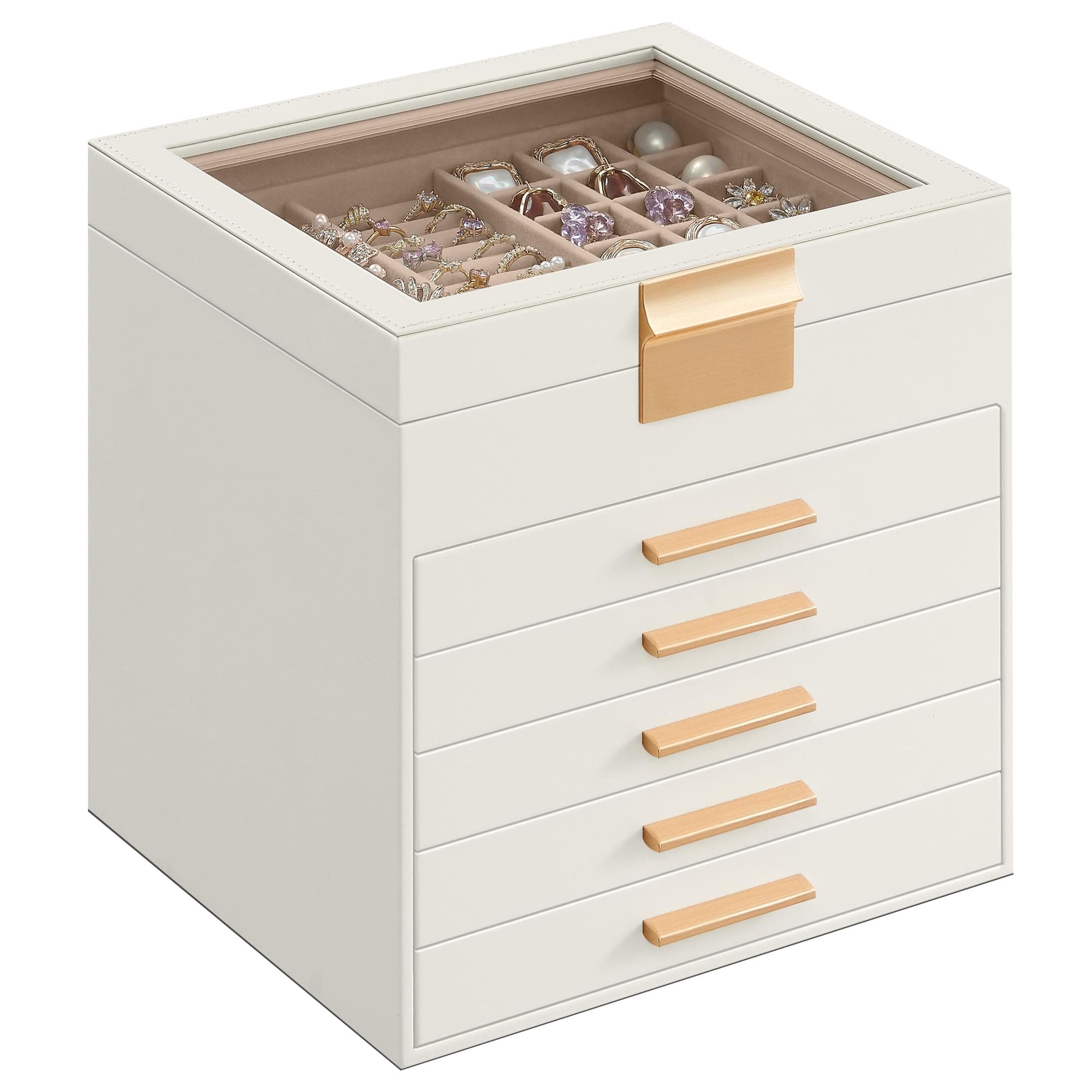 SONGMICS Colección GISELLA - Caja de Joyas, Caja Joyero de 6 Niveles, Estuche de Joyería, con 5 Cajones, Gran Capacidad, Estilo Moderno, Blanco Nube y Dorado, 20,3 x 23,1 x 22,8 cm JBC176W01