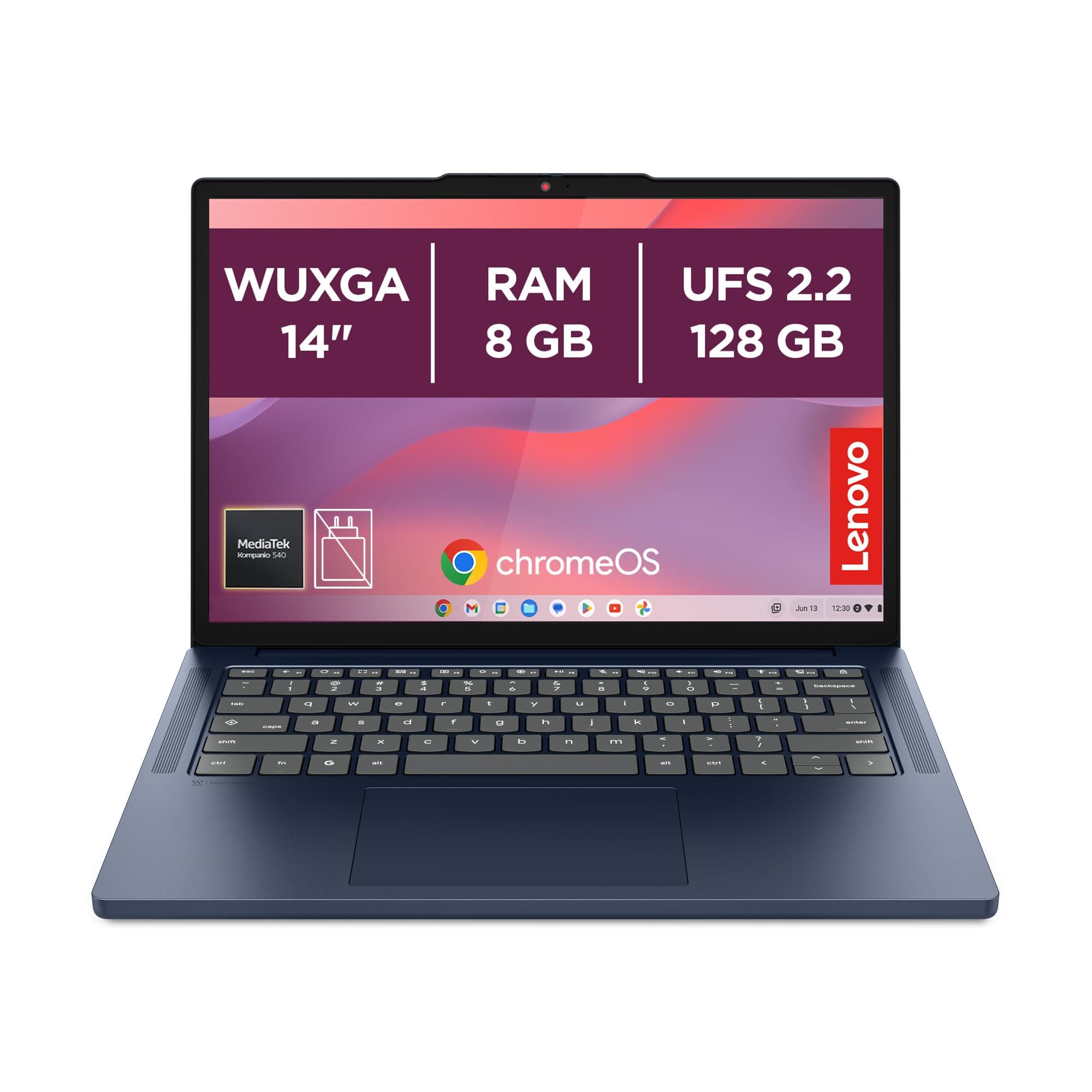Lenovo Chromebook Gen 11 - Ordenador Portátil 14" WUXGA (MediaTek Kompanio 540, 8 GB RAM, 128 GB UFS 2.2, ChromeOS) QWERTY Español, Azul + 3 Meses Google AI Pro con Gemini Pro y 5TB