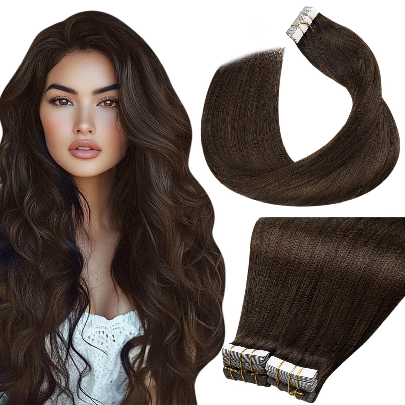 LaaVoo Extension Capelli Veri Biadesivo 45cm 100g 40pz Castano Scuro Tape in Extension Umani Lisci Remy Extension Biadesive Capelli Veri Invisibile Adesive #2