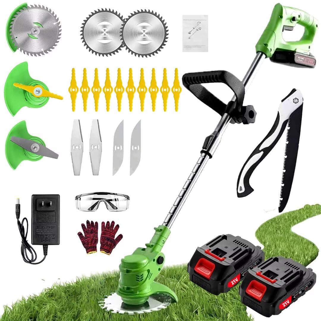 Debroussailleuse Electrique sans Fil, Débroussailleuse à Batterie Brushless avec 2 Batteries de 2,0 Ah et Chargeur, Coupe Bordure sans Fil avec 3 Lames Différentes, Longueur Réglable