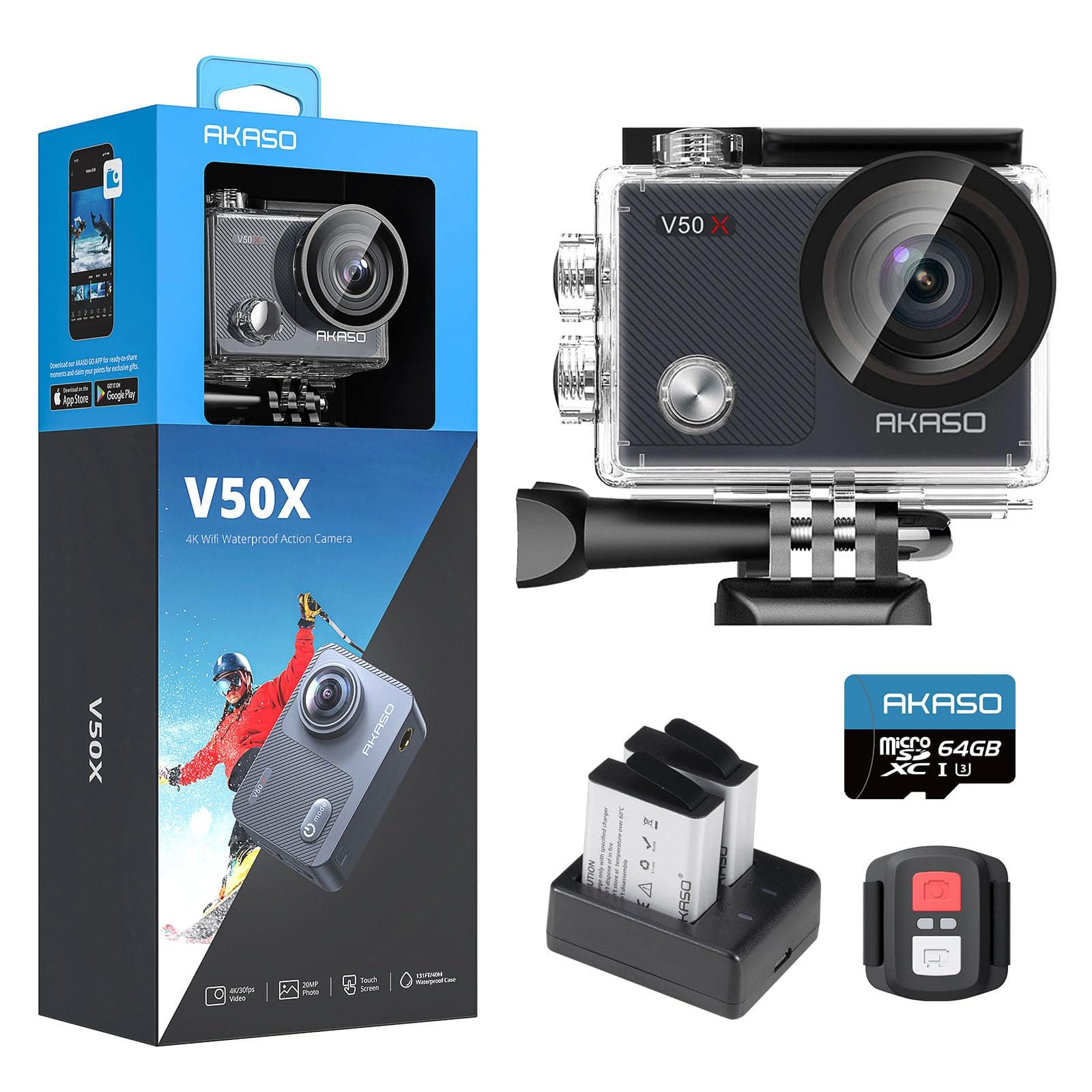 AKASO V50 X Cámara Deportiva 4K con 64GB microSDXC U3 Tarjeta de Memoria Cámara de Acción WiFi 20MP Cámara Acuatica Sumergible 40M con Pantalla Táctil Control Remoto Multi Accesorio