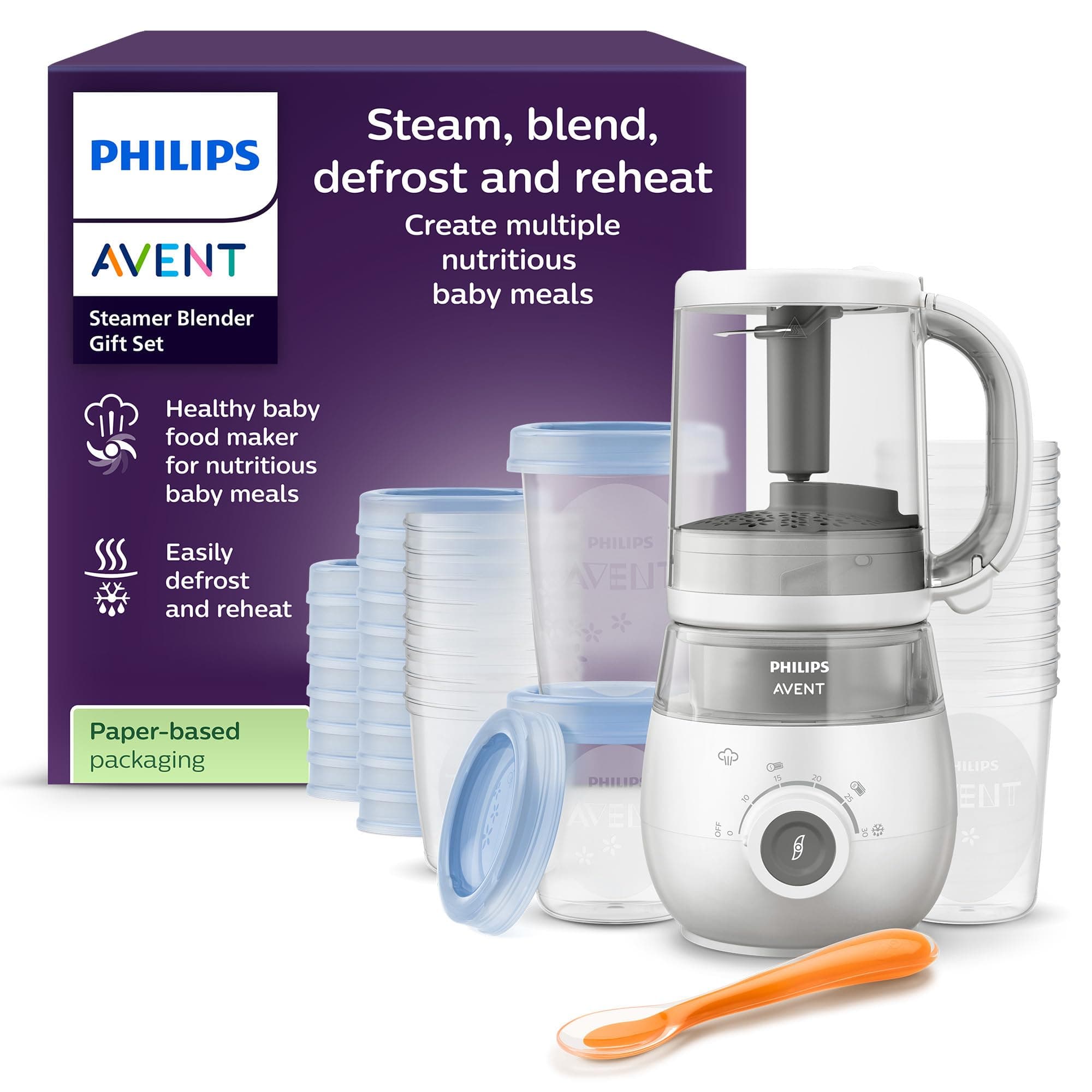 Philips Avent set de regalo de batidora con vaporera: robot de cocina infantil 4 en 1, cocine al vapor, bata, descongele y vuelva a calentar la comida, con vasos de almacenamiento y tapas, SCF883/20