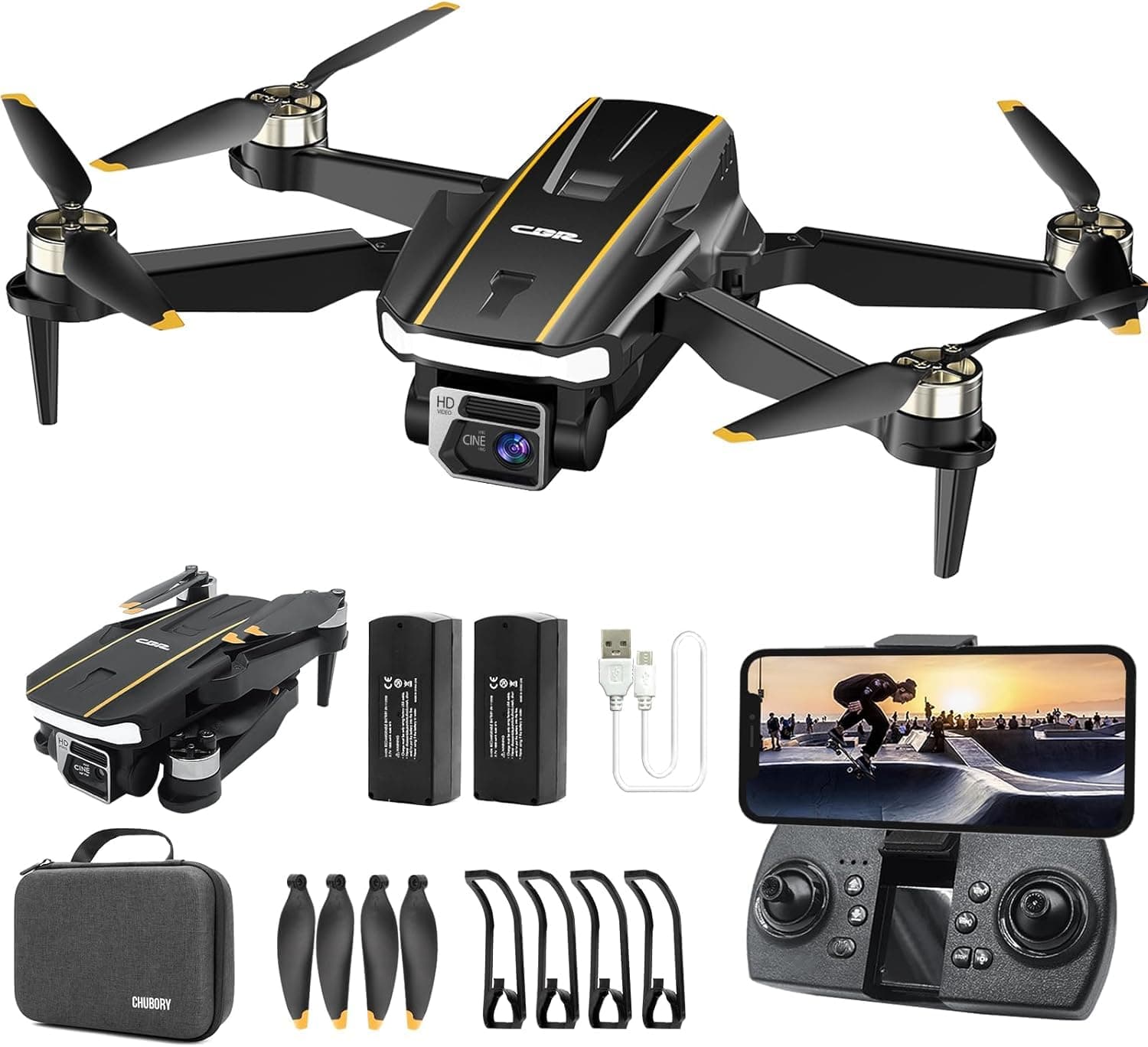 Robuster bürstenloser Motor-Drohne mit Kamera für Anfänger, CHUBORY A68 WiFi FPV Quadcopter mit 2K HD-Kamera, automatischer Schwebe, 3D-Flips, kopfloser Modus, Trajektorienflug, 2 Batterien
