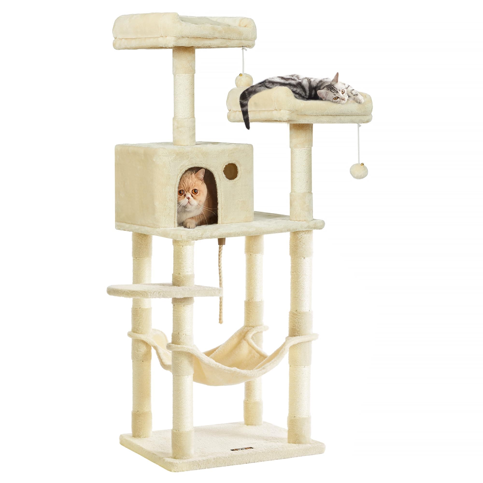 Feandrea Árbol para Gatos de Altura 143 cm, Torre para Gatos, con 11 Postes Rascadores, 2 Plataformas, 1 Cueva, 1 Hamaca, 2 Pompones, Tela de Felpa, Multinivel, Beige PCT15BE