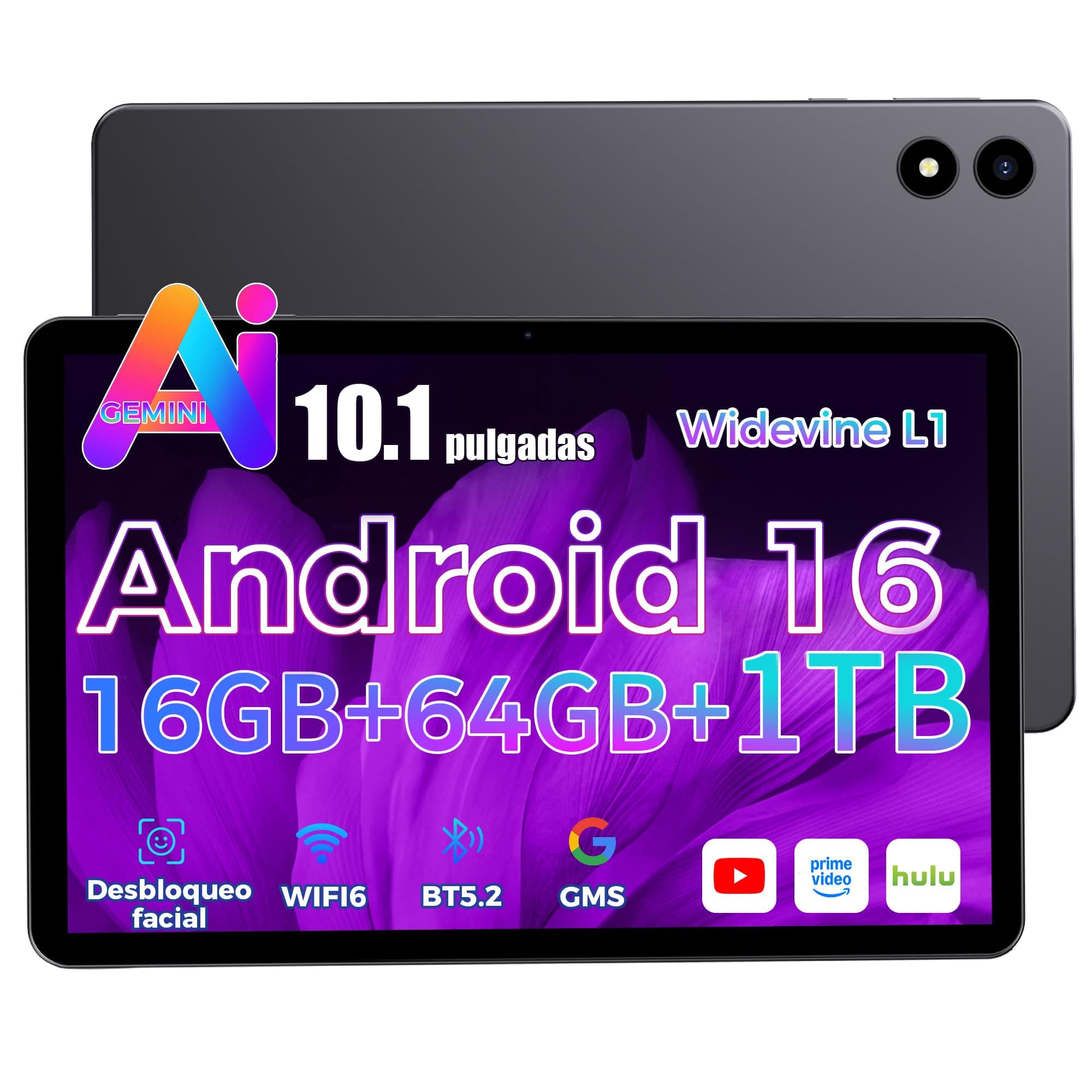 RebotAi 2026 último Tableta 10 Pulgadas Android 16,Gemini Ai,16GB RAM + 64GB ROM + 1TB TF, GMS, Widevine L1,5G Wi-Fi6, BT5.2,Delgada y Ligera, Desbloqueo Facial,Duplicación de Pantalla inalámbrica