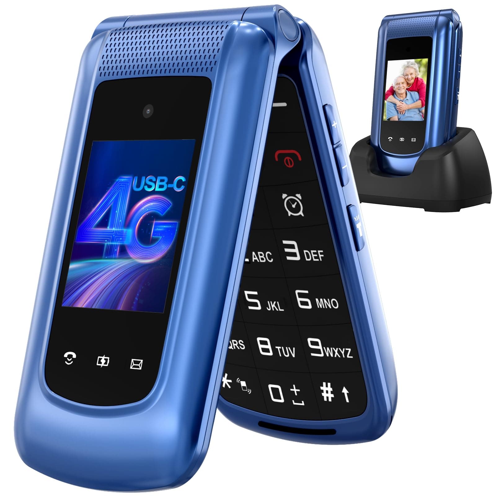 4G Telephone Portable Senior Débloqué, Téléphone Portable à Clapet avec Grandes Touches, Téléphone Portable Personnes âgées, Double SIM,Double Écran 2,4 "+1,77 ", Bouton SOS,Station de Charge (Bleu)