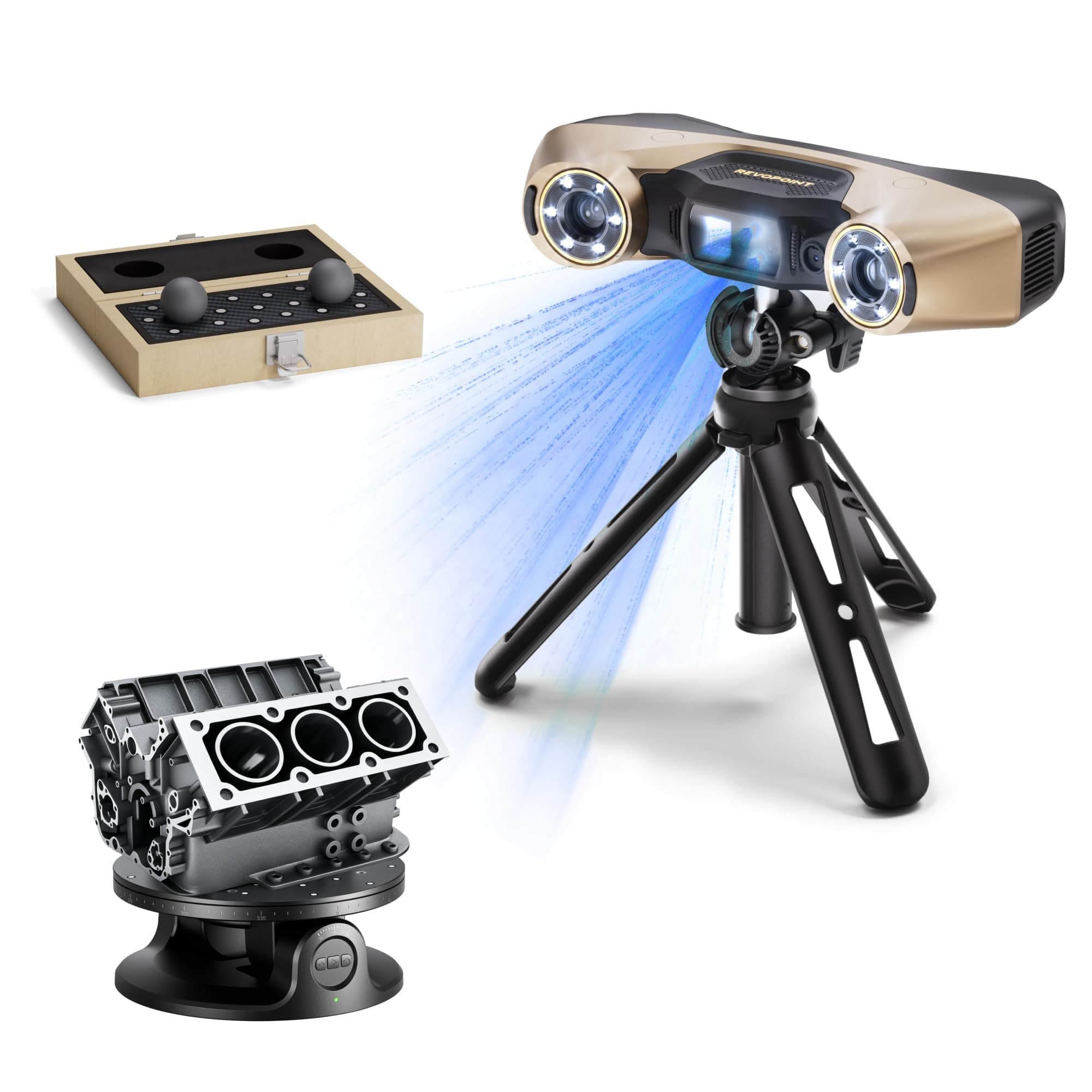 Revopoint MetroY Ultra Escáner 3D, Láser Azul 0,01 mm, GD&T y Análisis Desviaciones, Certificado PTB, 90 FPS, Wi-Fi 6, Escaneo Exterior/Color, Impresión 3D, Placa Bola Fibra Carbono (Solo Win 10/11)