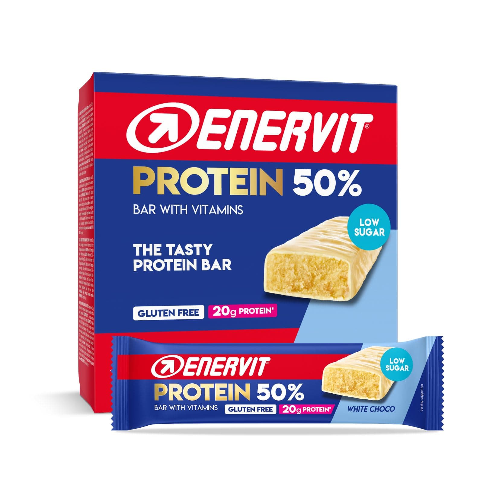 Enervit, Protein Bar 50% White Choco, Barrette Proteiche, 20g di Proteine, Low Sugar, con Vitamina D e B6, Gusto Cioccolato Bianco, Per il Recupero Dopo lo Sport, Senza Glutine, 12 Barrette da 40g