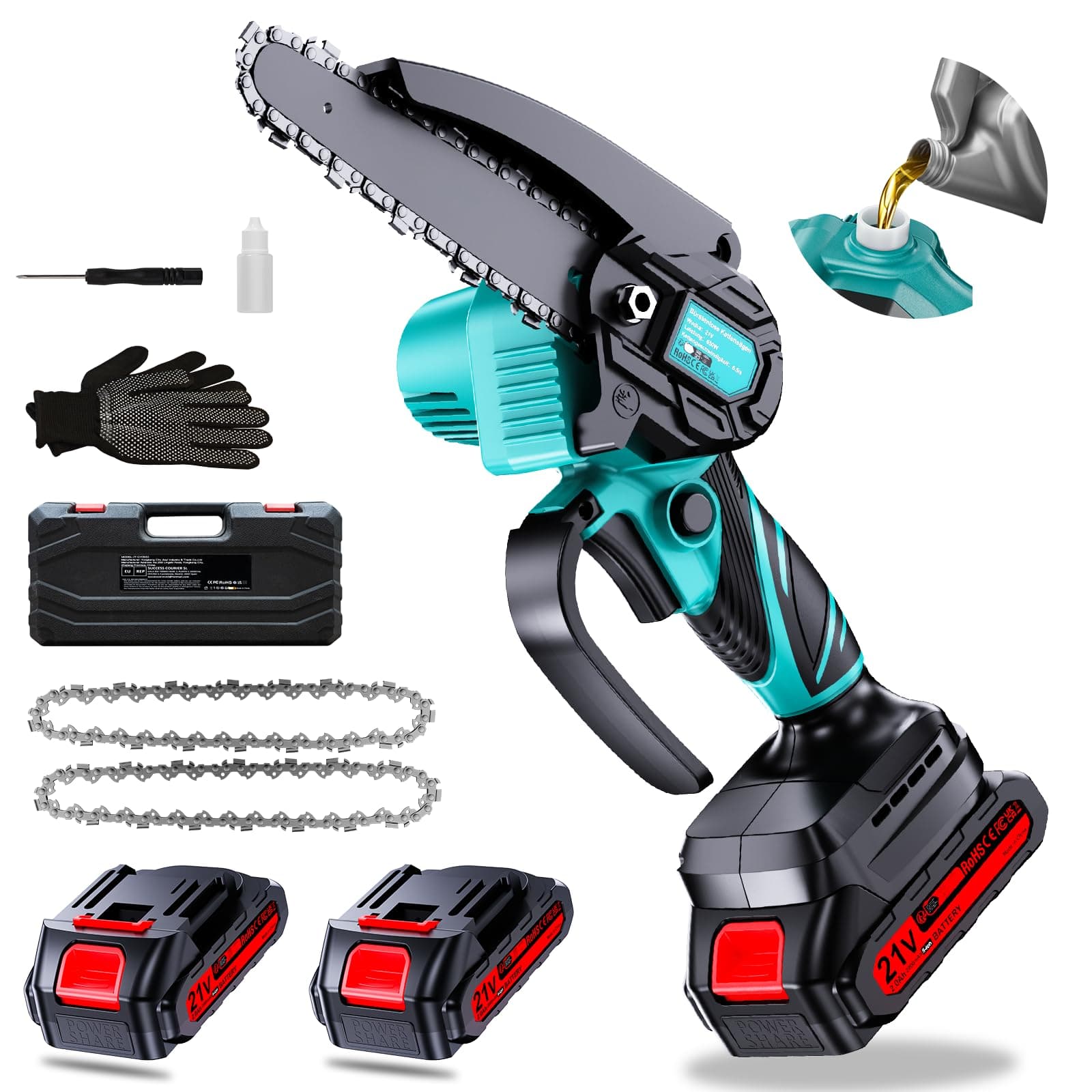 Olubfdh Mini Motosega a Batteria Con 4000mah Batterie e Caricatore Rapido, 550W 6 Pollici Motosega Elettrica Con Pompetta Olio e Blocco di Sicurezza Per il Taglio Del Legno e Giardini