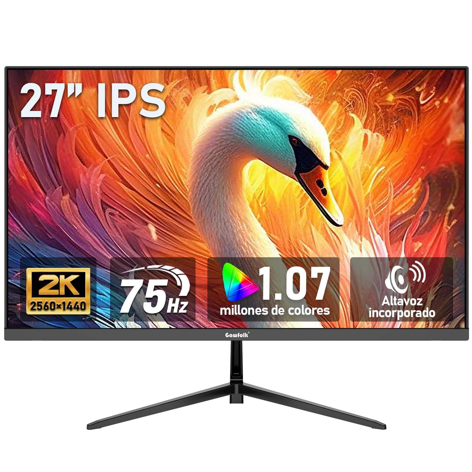 Gawfolk Monitor de PC IPS de 27 Pulgadas 2K QHD (2560×1440), 75Hz, Pantalla para Gaming, 1ms, Adaptive Sync, 100% sRGB, 1.070 Millones de Colores, DisplayPort 1.4, HDMI 2.0, Altavoz Integrado - Negro