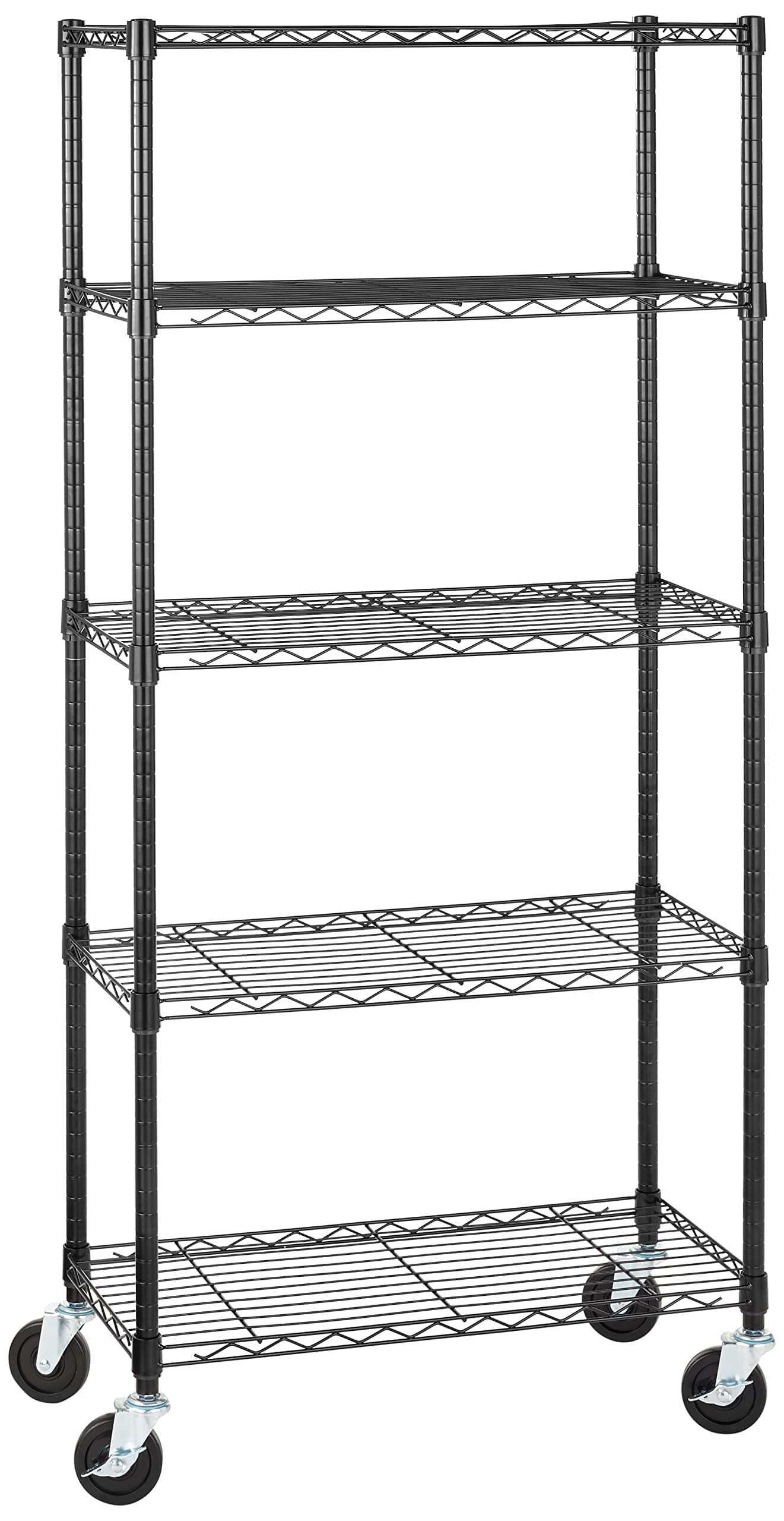 Amazon Basics Unidad de almacenamiento mediana de 5 baldas con ruedas de 4 in con estantes ajustables en altura y pies niveladores, peso máximo de 680 kg, negro, 76.2 x 35.6 x 164.5 cm (D x W x H)