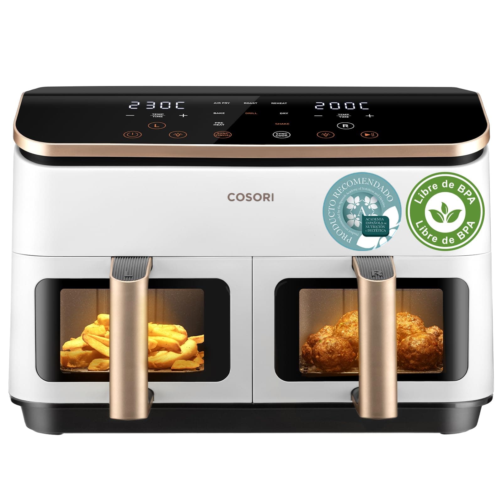 Cosori Air Fryer Grande 8,5 Litros, Freidora de Aire con Doble Cesta, Airfryer con Ventana, Recetas en la App, Multifunción 10 en 1, Alta Potencia y 55% de Eficiencia, Bajo Ruido, Limpiable, Blanca