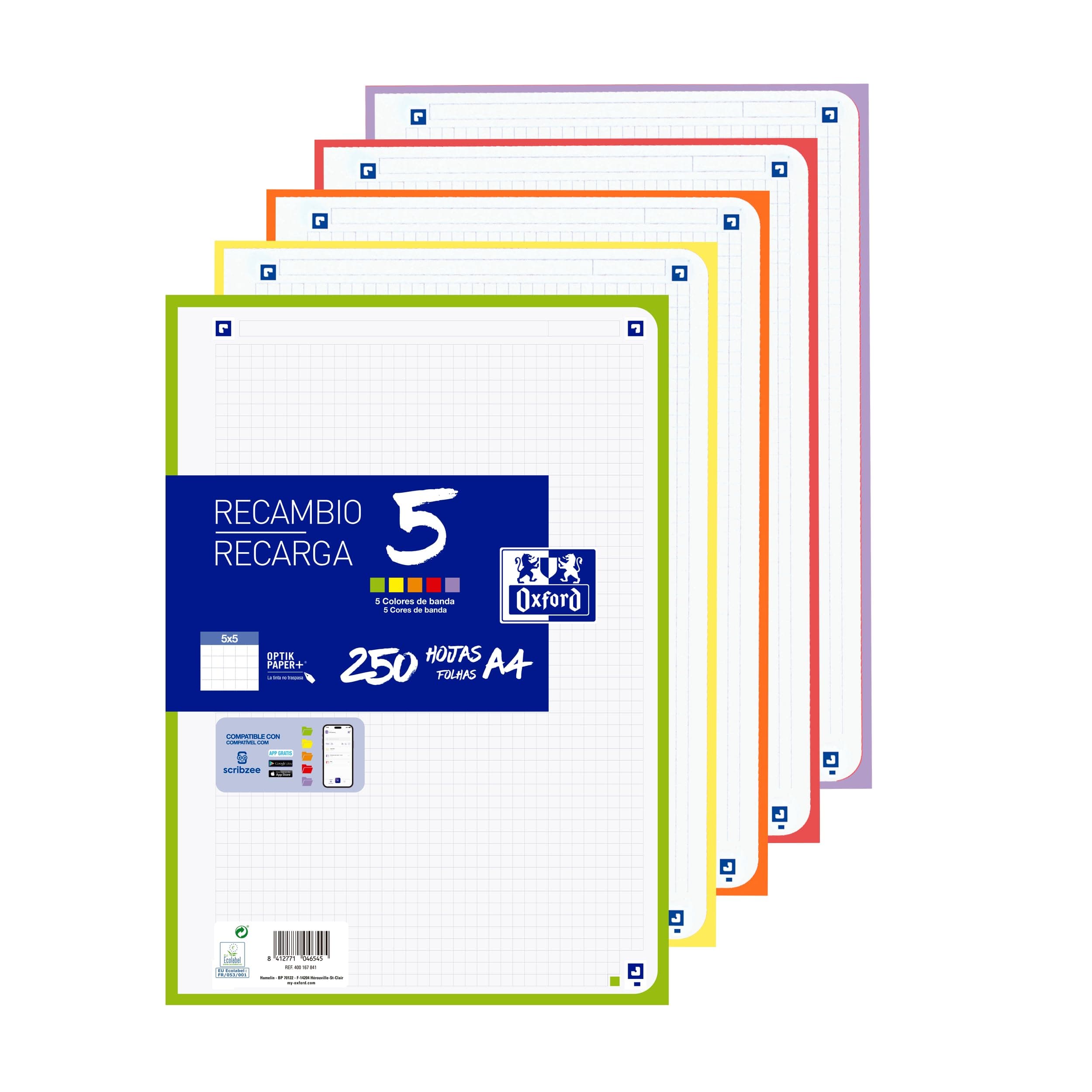 Oxford Hojas Cuadriculadas A4 Perforadas, Recambio Archivador, 250 Hojas, Cuadrícula 5x5, 5 Colores Vivos de Banda