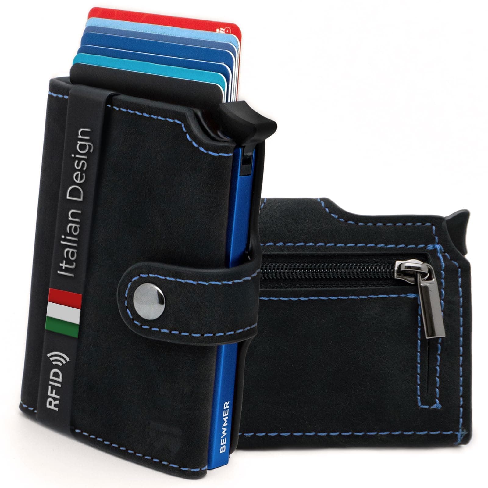 BEWMER v2 Portafoglio Uomo Slim In Similpelle Con Protezione RFID Anticlonazione – Porta Carte Di Credito Uomo E Donna Per 9 Tessere, Con Portamonete