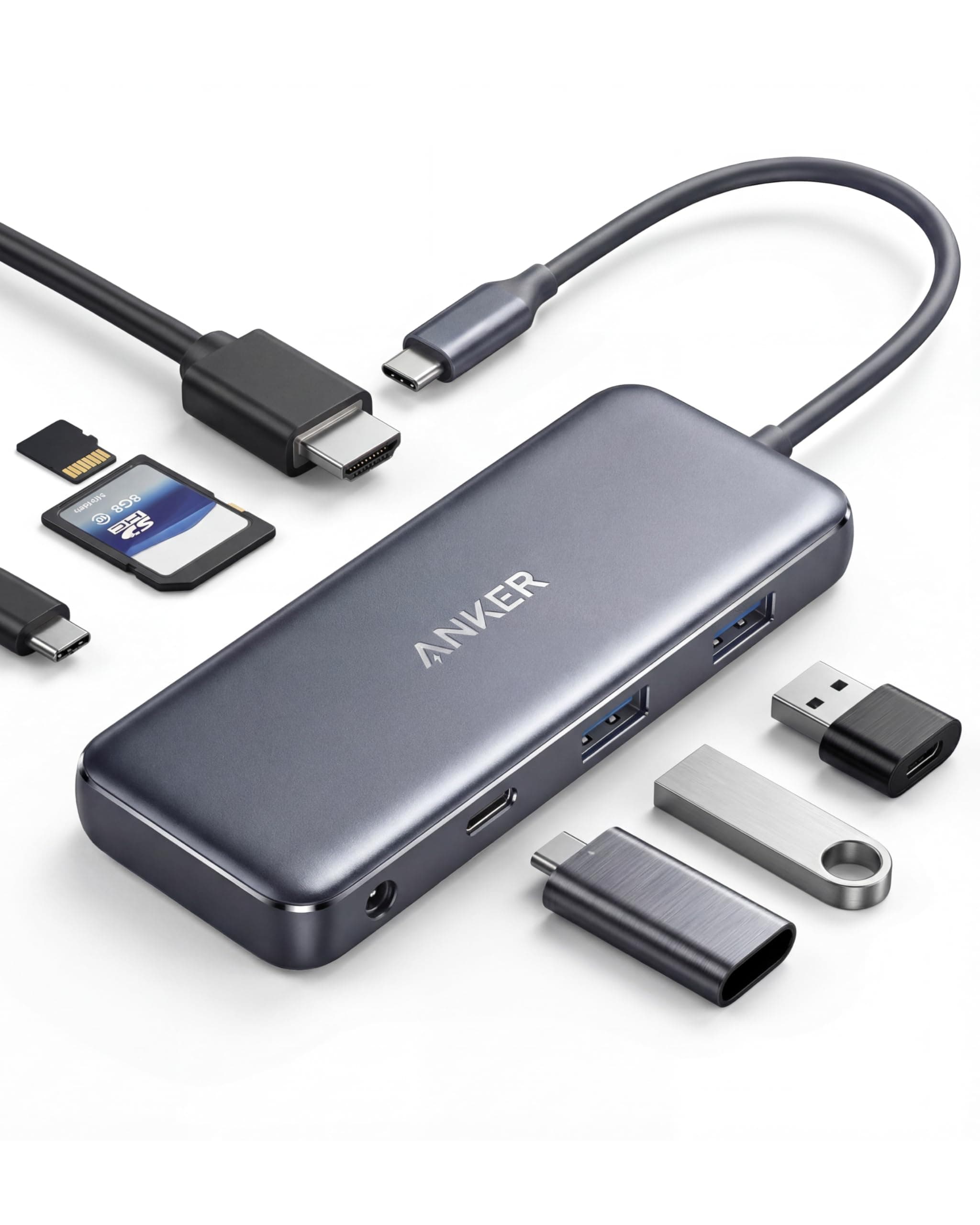 Anker USB C Hub, 341 Adapter (7-in-1), 4K HDMI, 85W Power Delivery, USB C und 2 USB A 5Gbps Datenports, microSD & SD Speicherkartensteckplatz, Geeignet für MacBook Air, MacBook Pro, XPS, usw